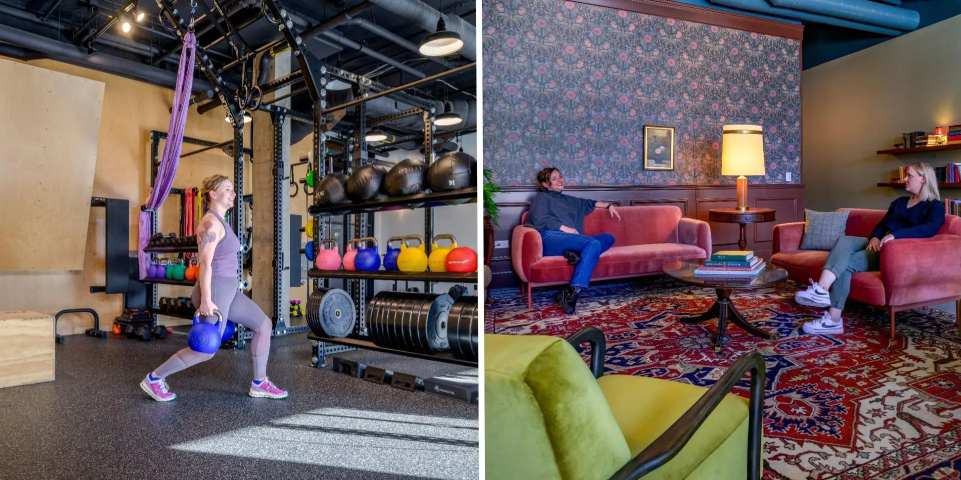 Side-by-side images of a gym and a library room with people in both spaces.