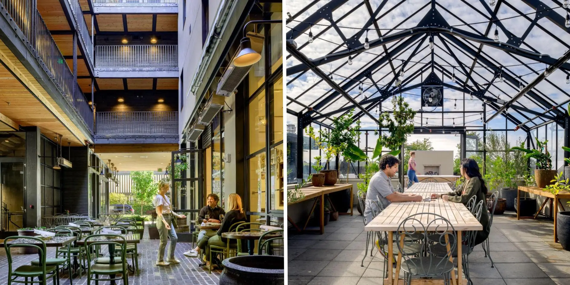 Side-by-side images of the interior of a residential building and inside its greenhouse.