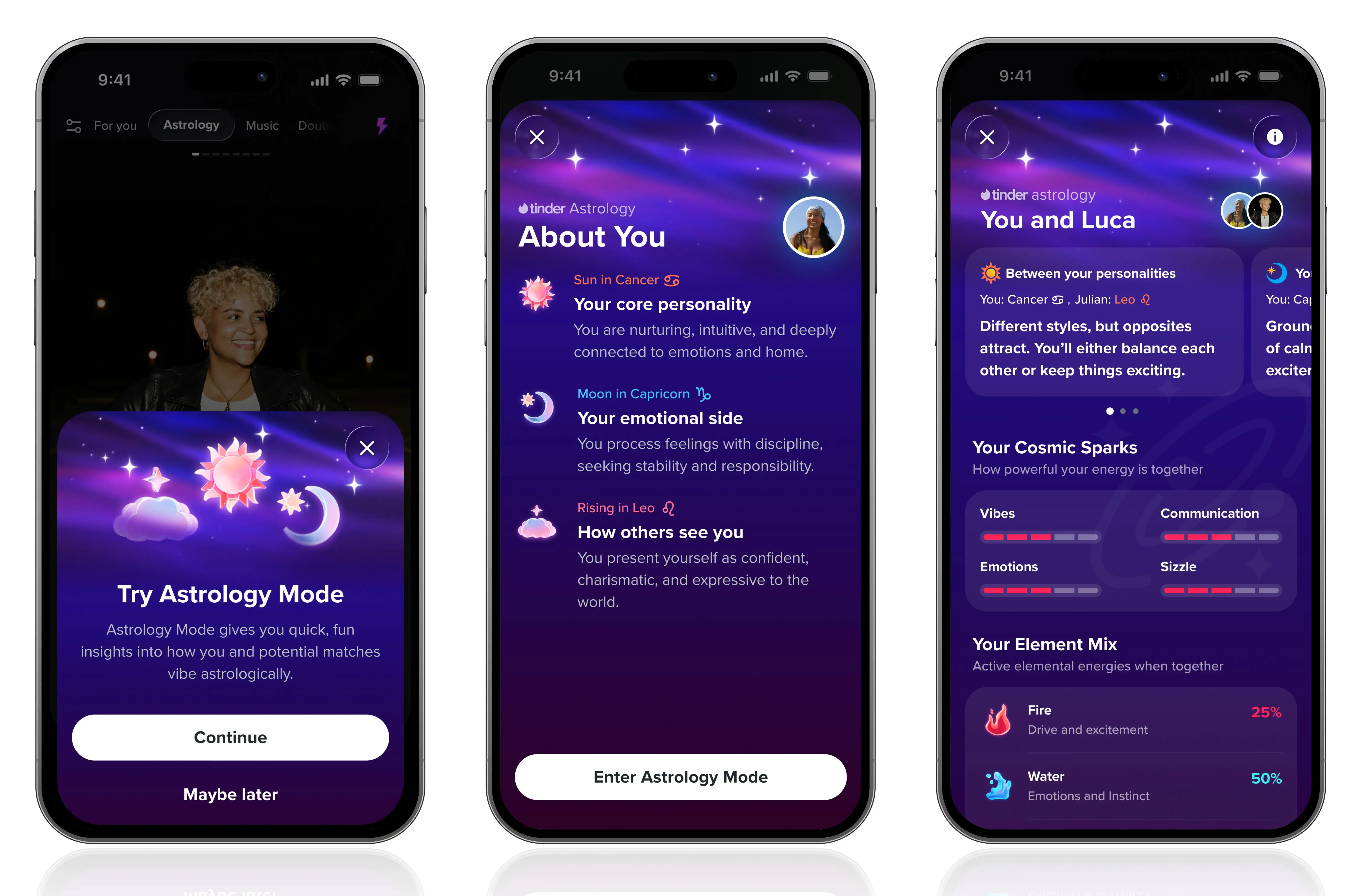 Tinder's Astrology Mode is pictured.