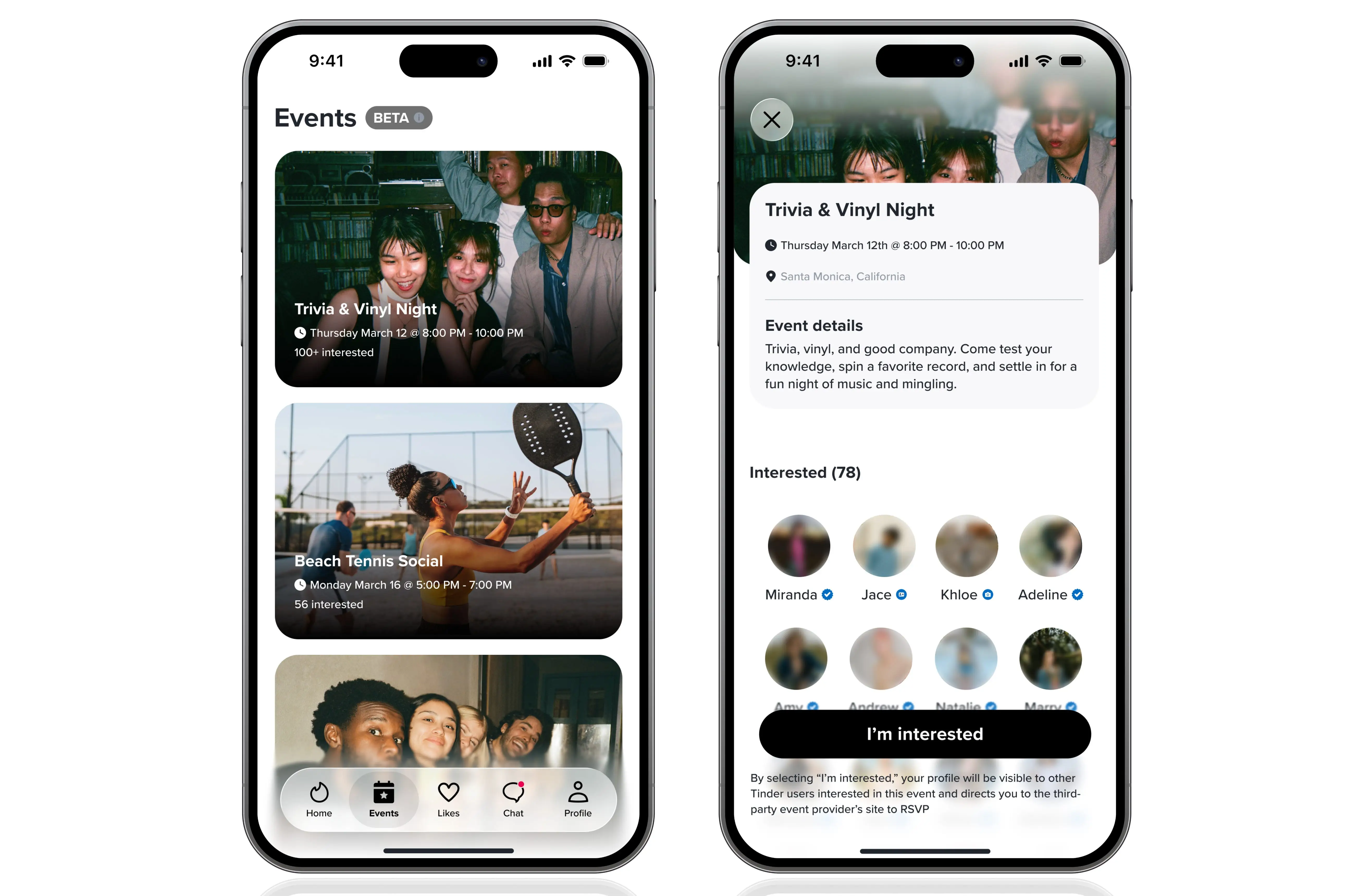 Tinder's Events tab is pictured.