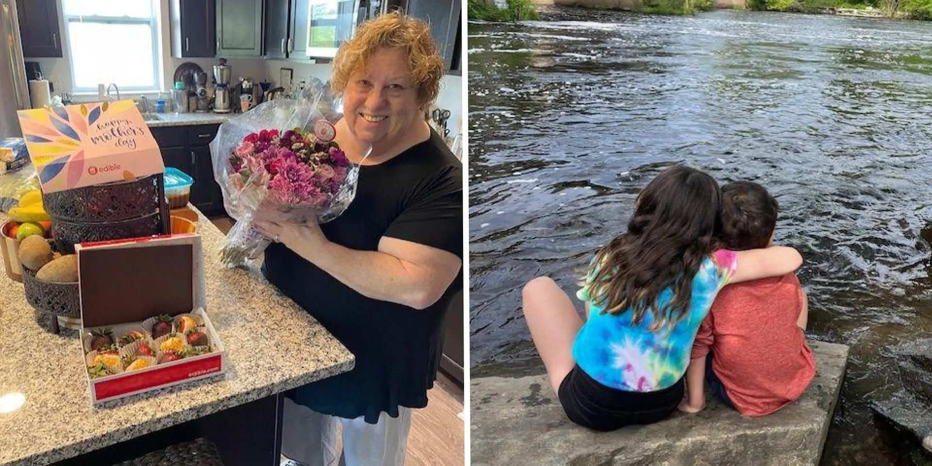 Pamela Hopkins is in a side-by-side image with her two grandkids, who are facing away from the camera.