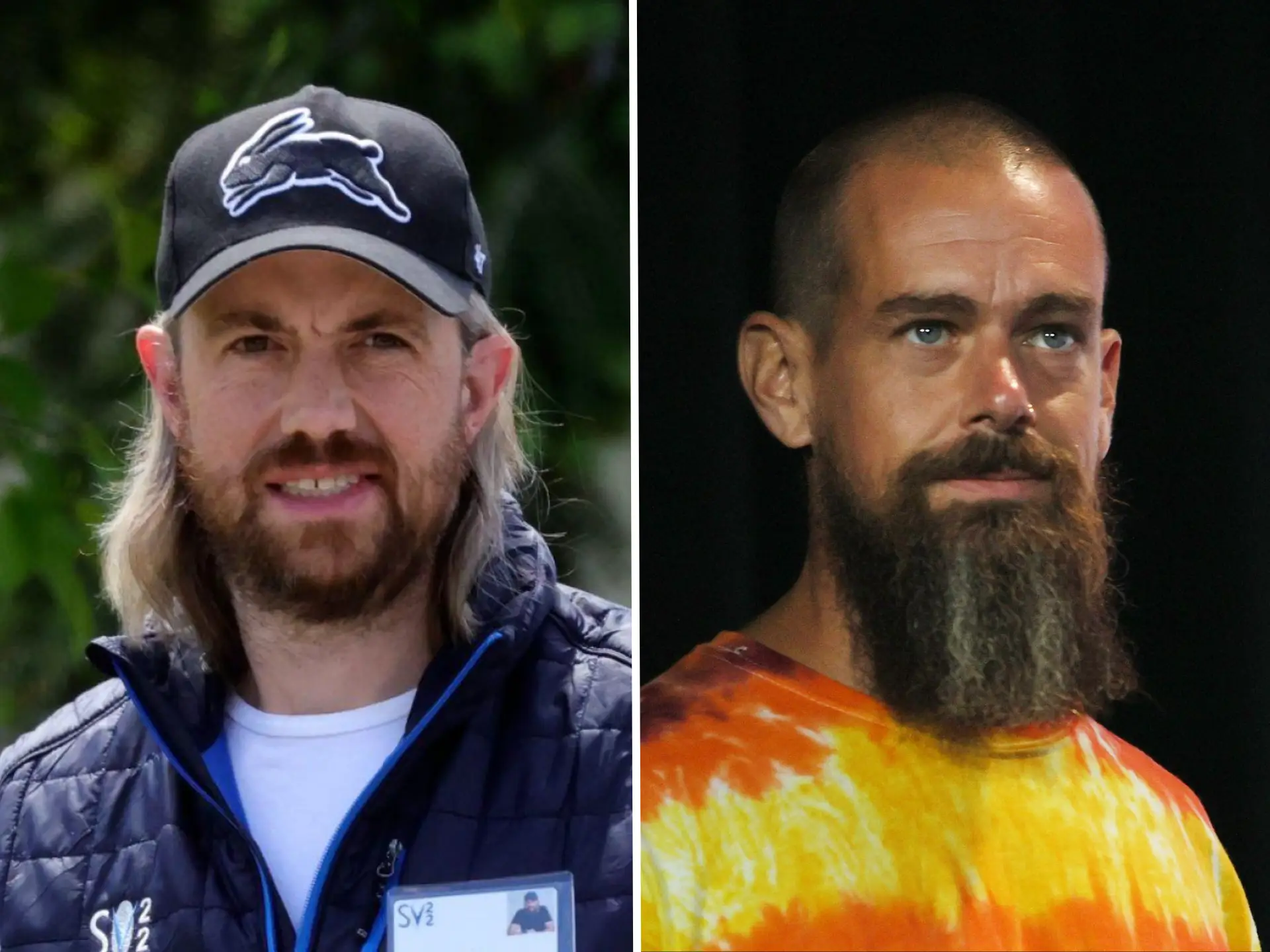 Two men in a split screen. The one on the left has a hat. The one on the right has a beard.