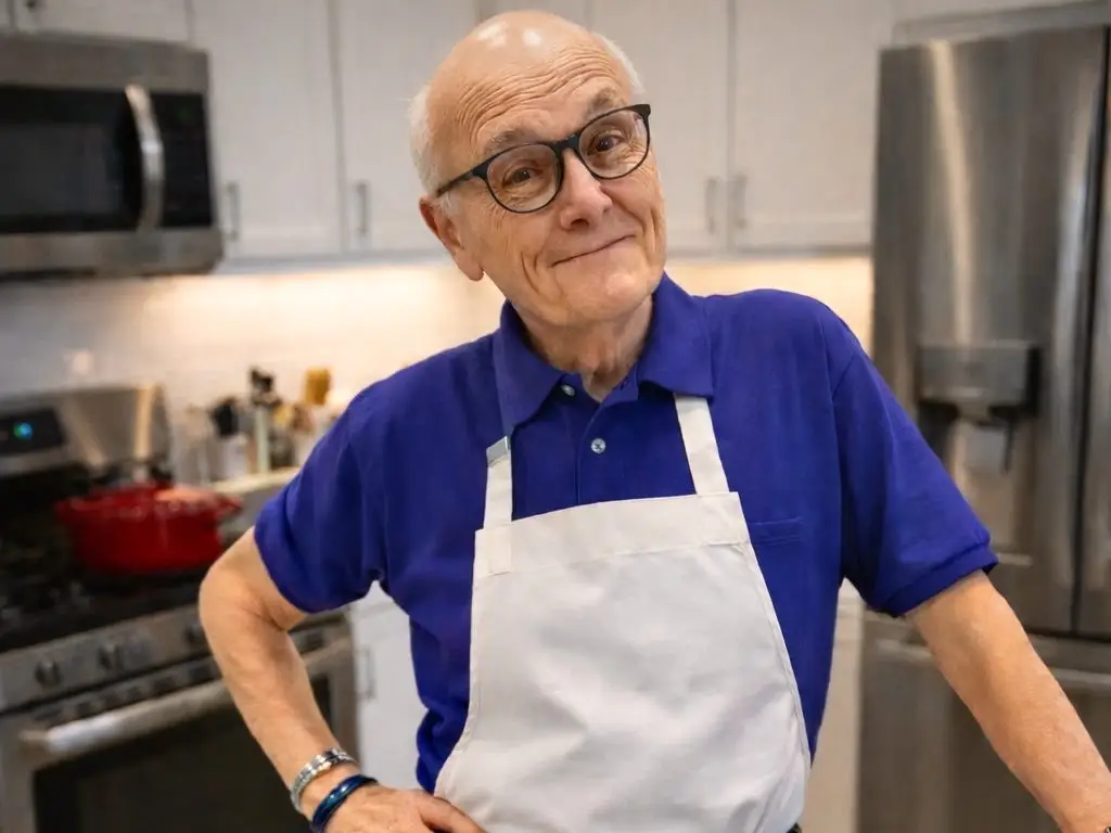 A man wearing an apron in front of a cutting board with vegetables.