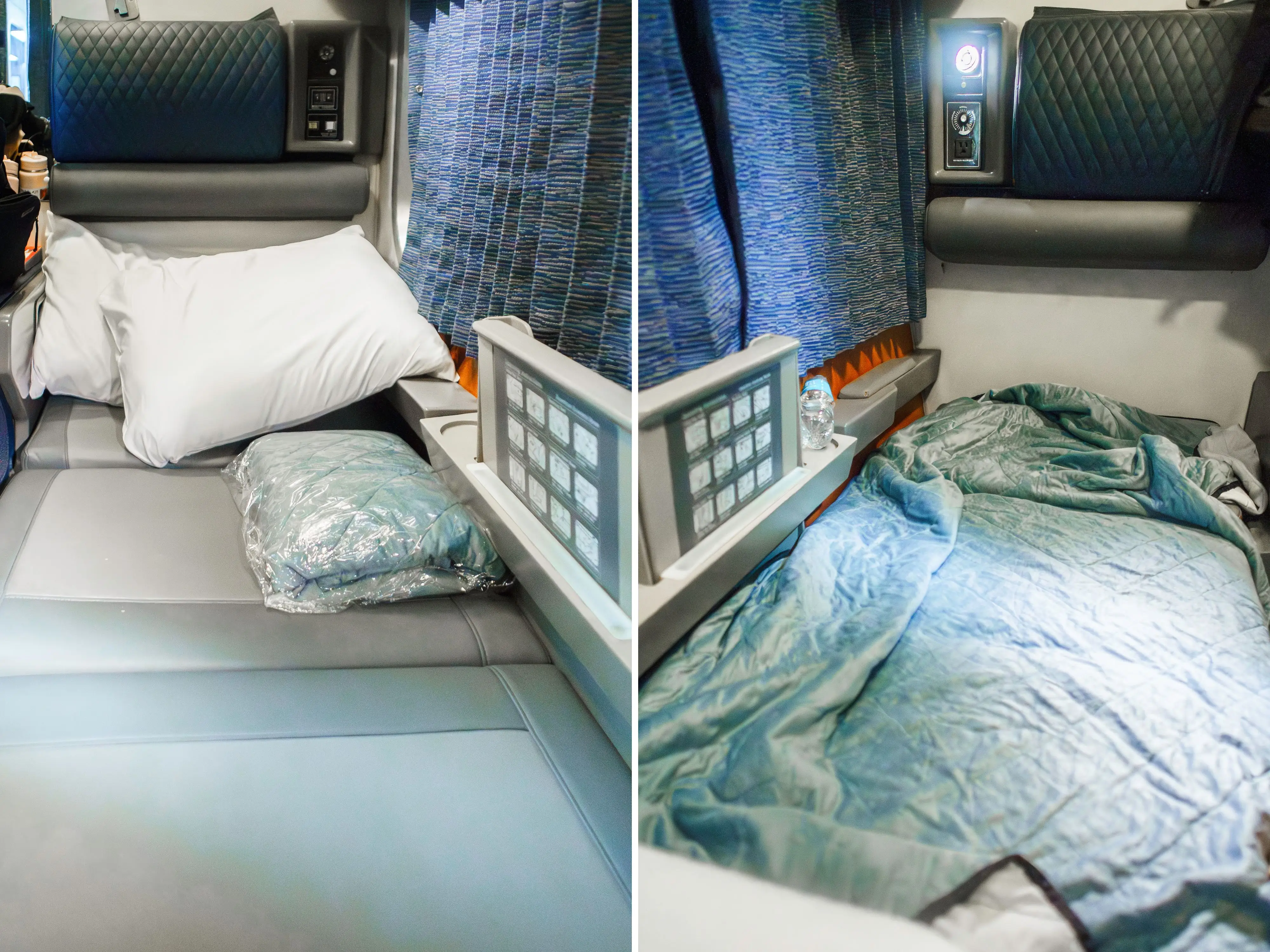 A composite image of two train seats converted into a bed with a blue blanket