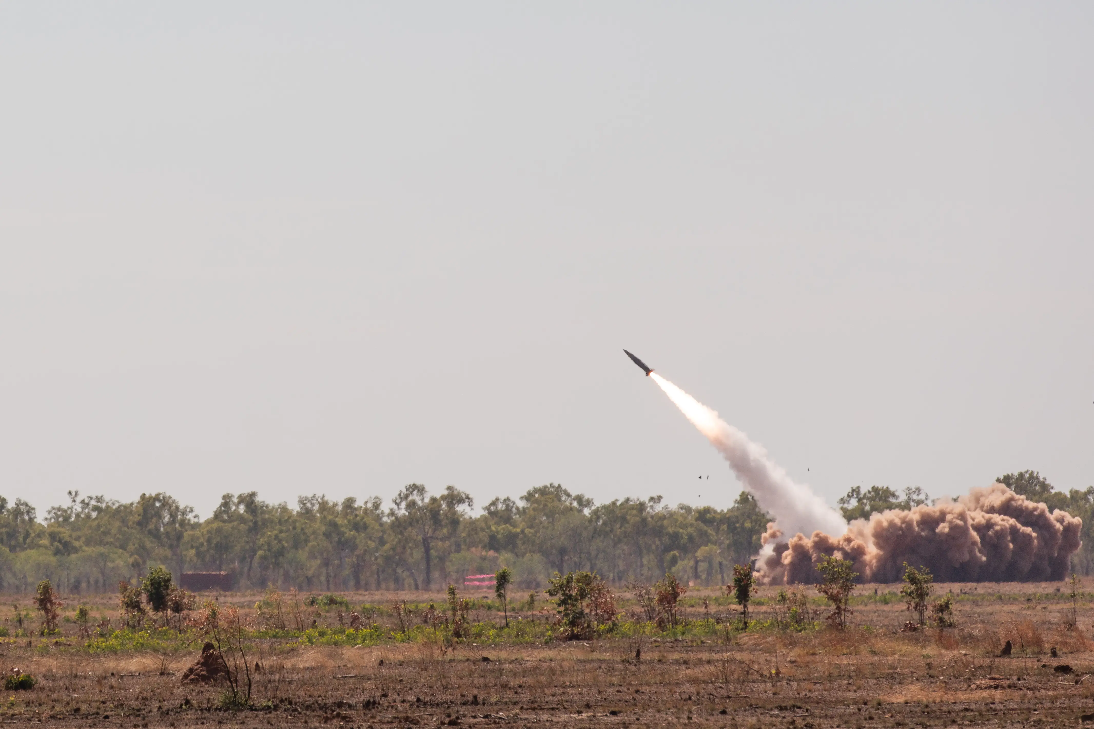 US Army soldiers launch the Army Tactical Missile System (ATACMS) from a HIMARS system in Australia during a training event on July 27, 2023.