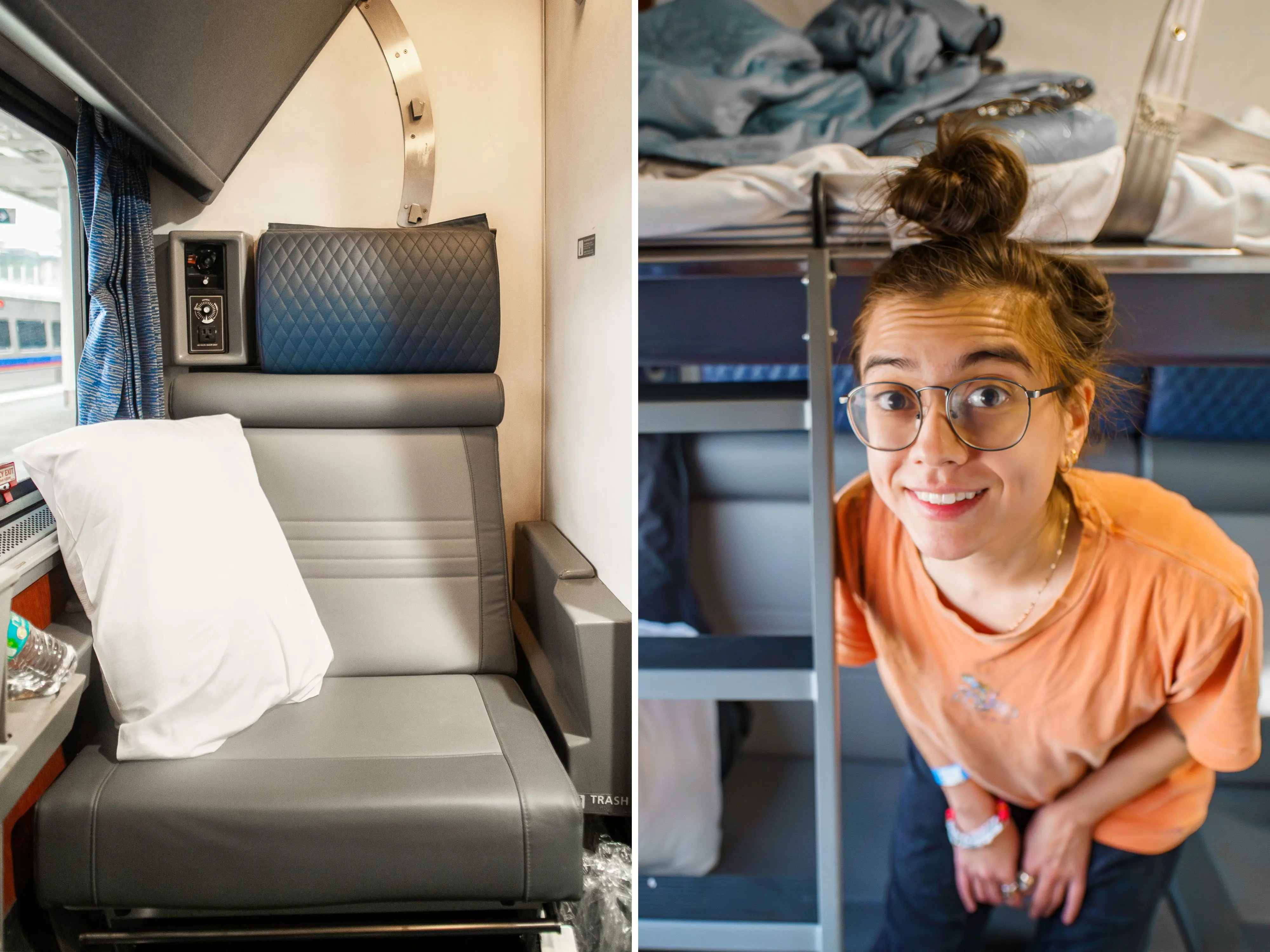 A composite image of a train seat with pillows on them inside an Amtrak roomette accommodation and the author standing smiling in the Amtrak bedroom with a bunk bed in the background