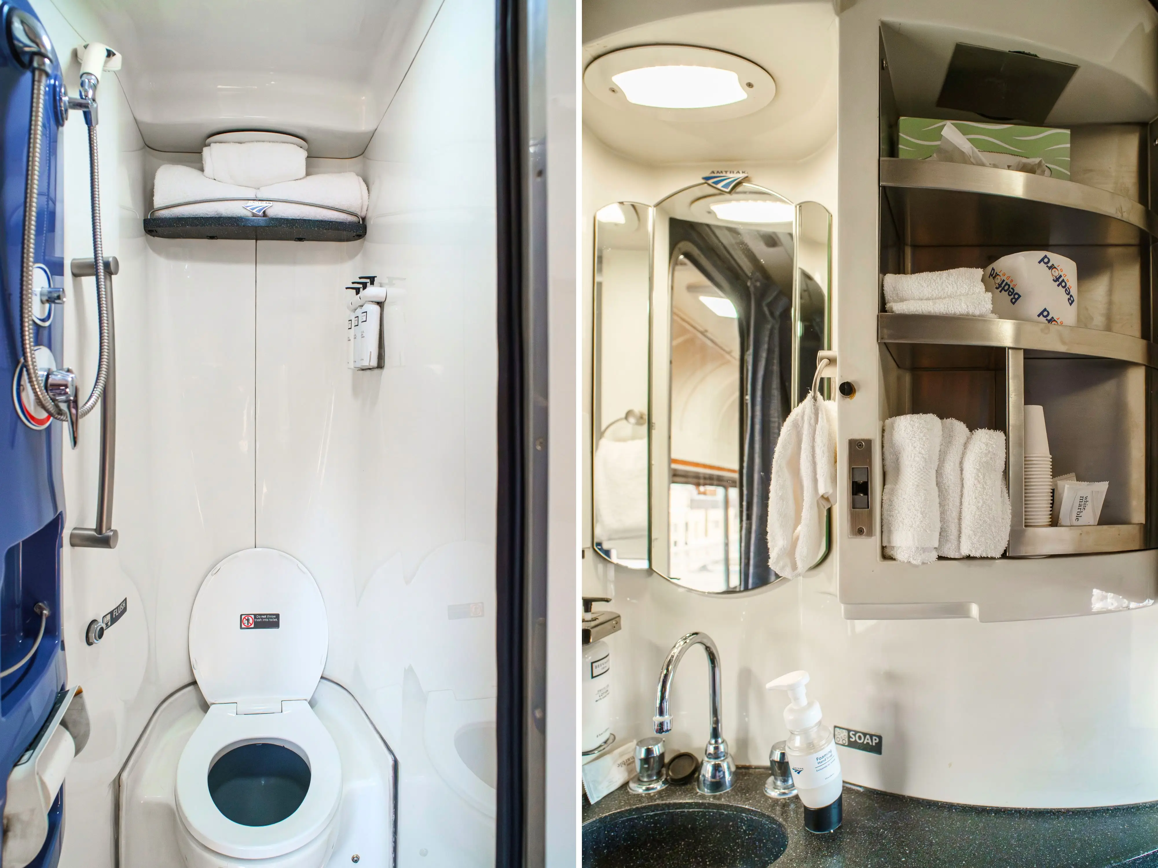 A composite image of a toilet behind a shower and a sink and vanity with a storage cabinet on the right in an Amtrak bedroom