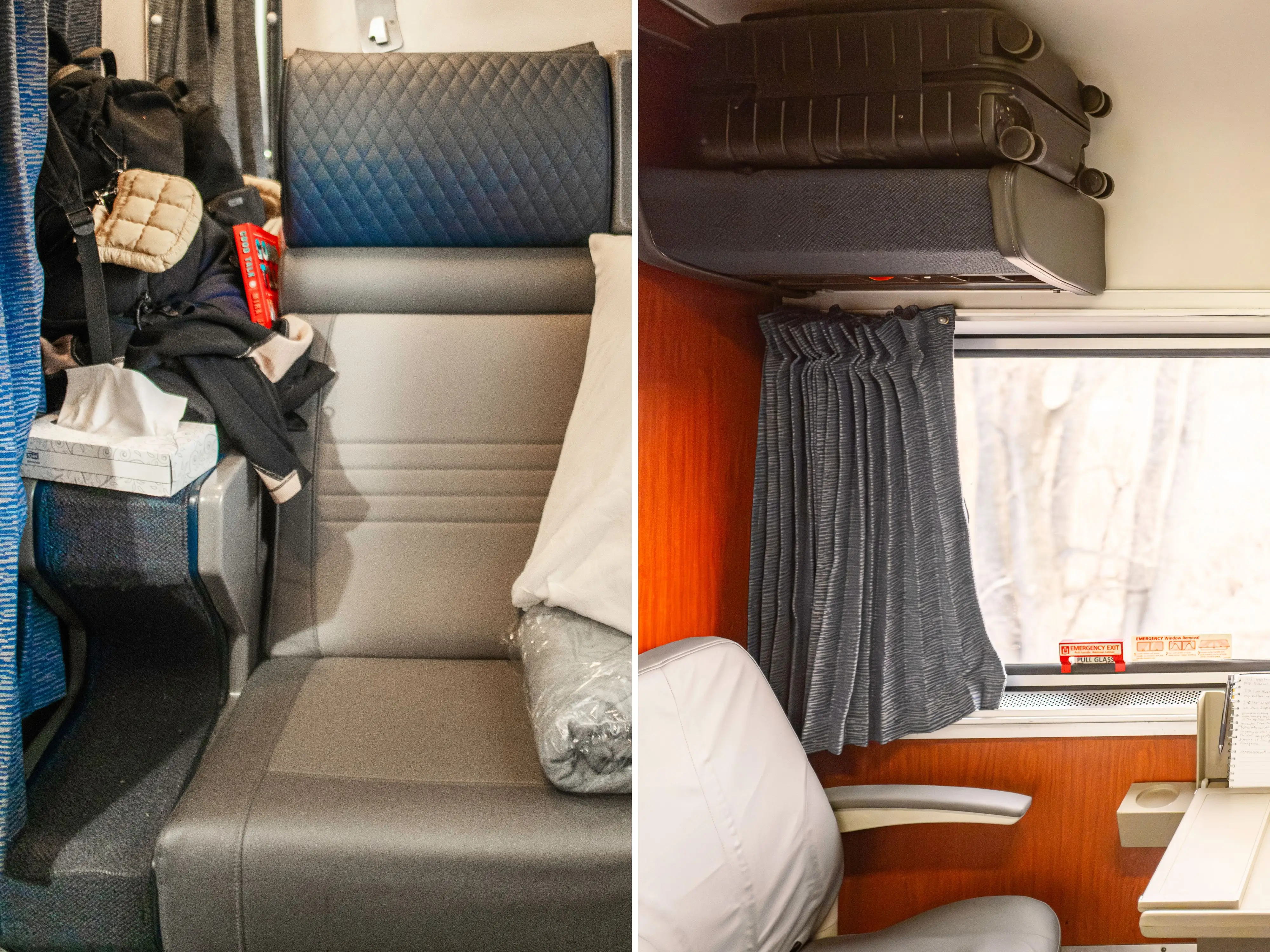 A composite image of luggage storage in the roomette and bedroom