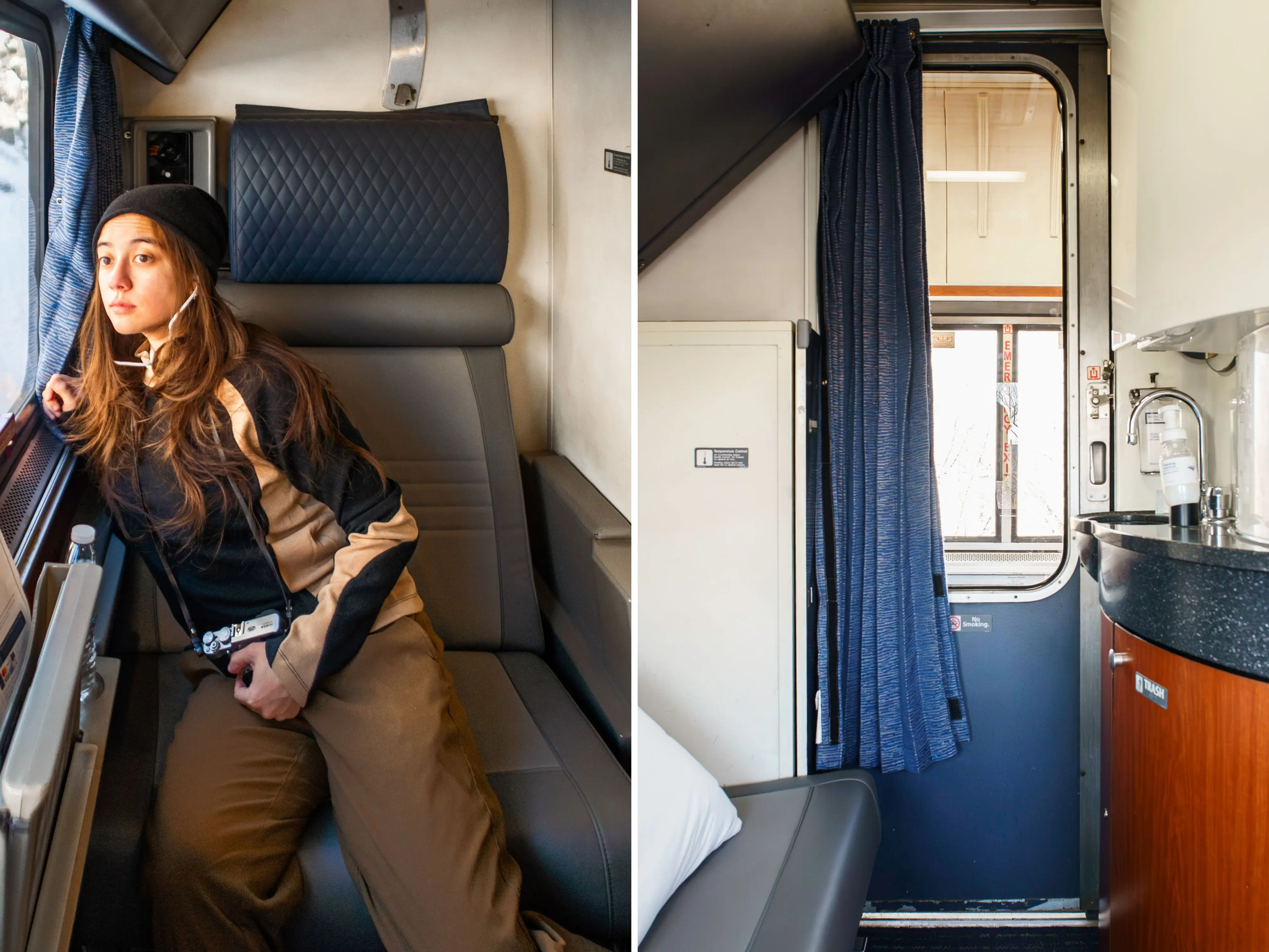 A composite image of the author sitting in a seat inside an Amtrak train's roomette accommodation, looking out a window on the left, and the inside of an Amtrak bedroom with a sofa and closet on the left, a sink on the right, and a sliding door with a curtain in the middle