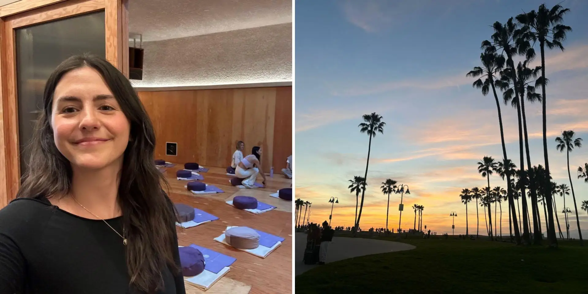 The author at a meditation class and an image of Venice Beach.