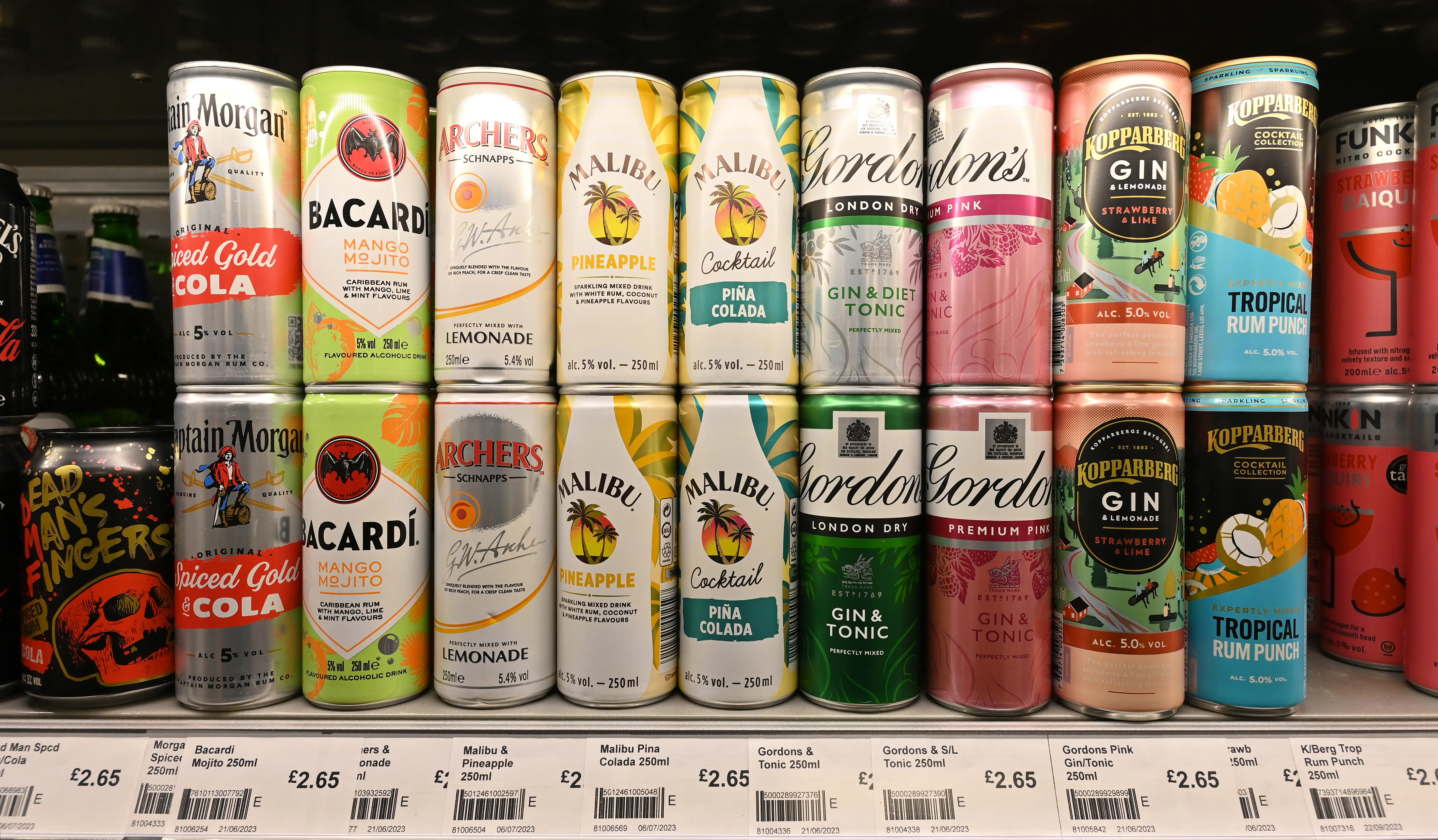 A display of ready-to-drink cocktails on a grocery store shelf.