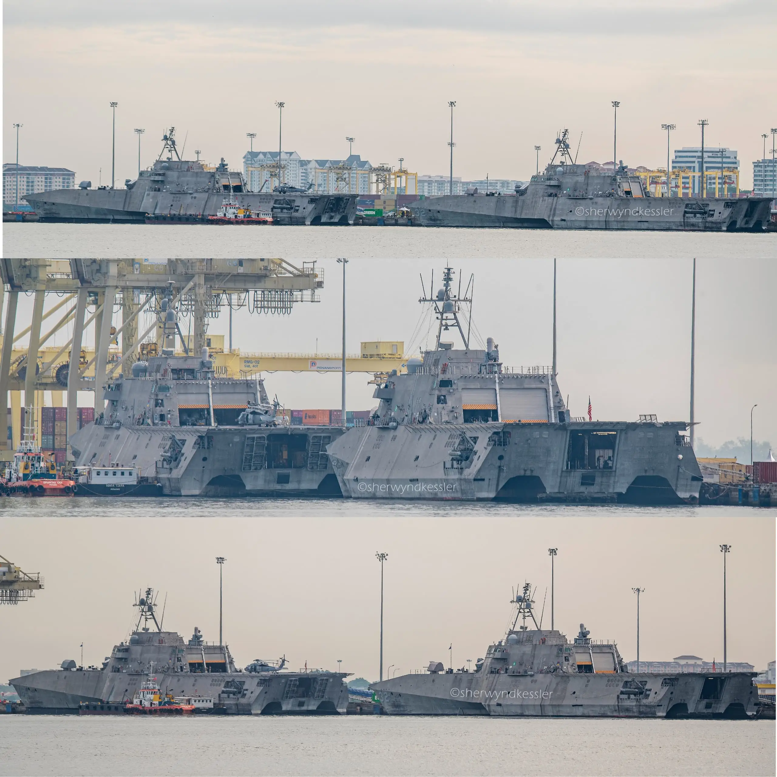 Three images of the USS Tulsa and USS Santa Barbara show the ships docked next to each other.