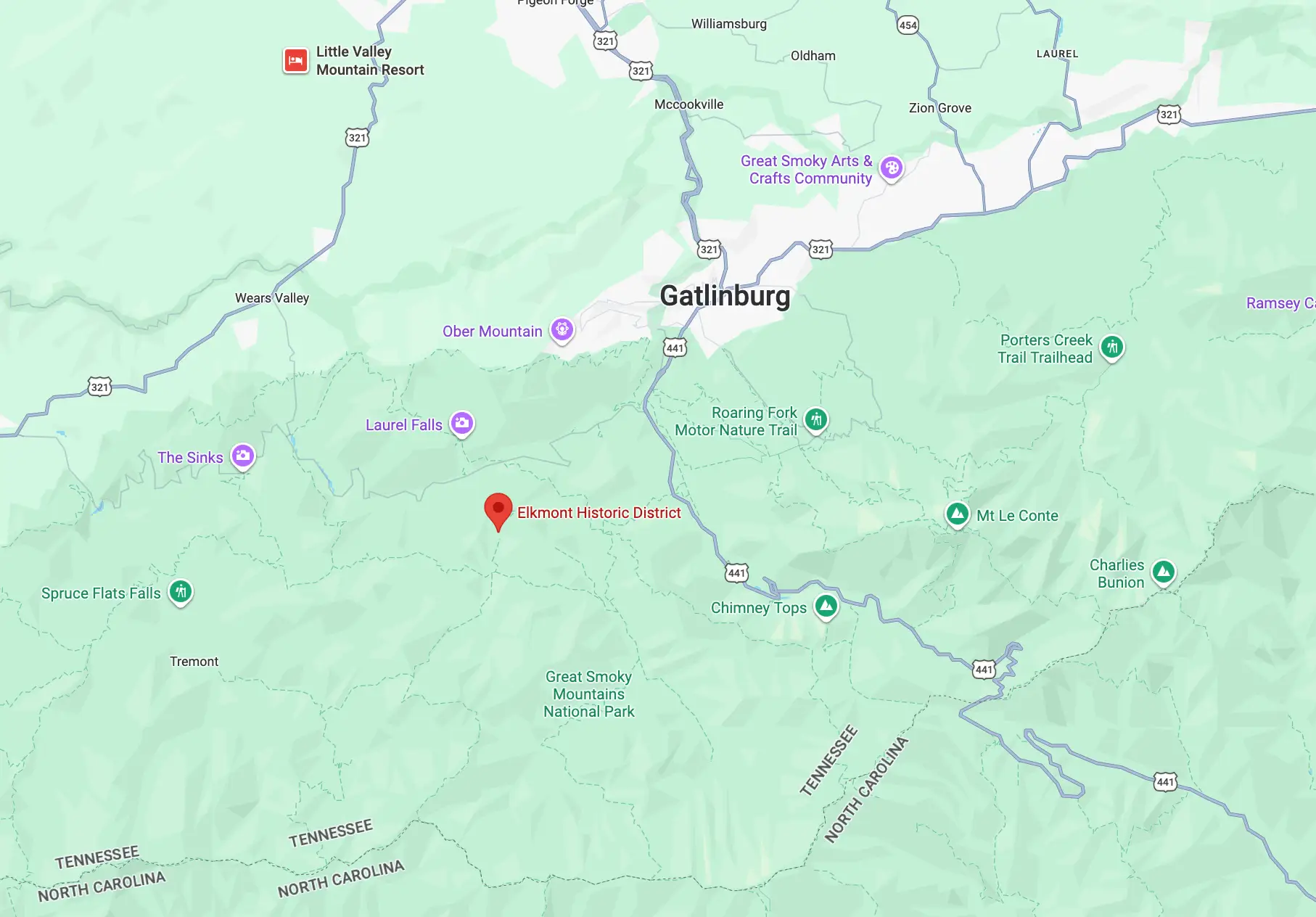 A map of Tennessee has a red arrow pointing to Elkmont Historic District.