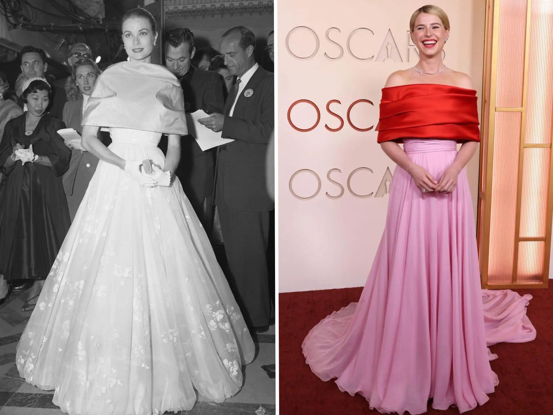 A side-by-side of Grace Kelly at the Oscars in 1956 and Jessie Buckley at the Oscars in 2026.