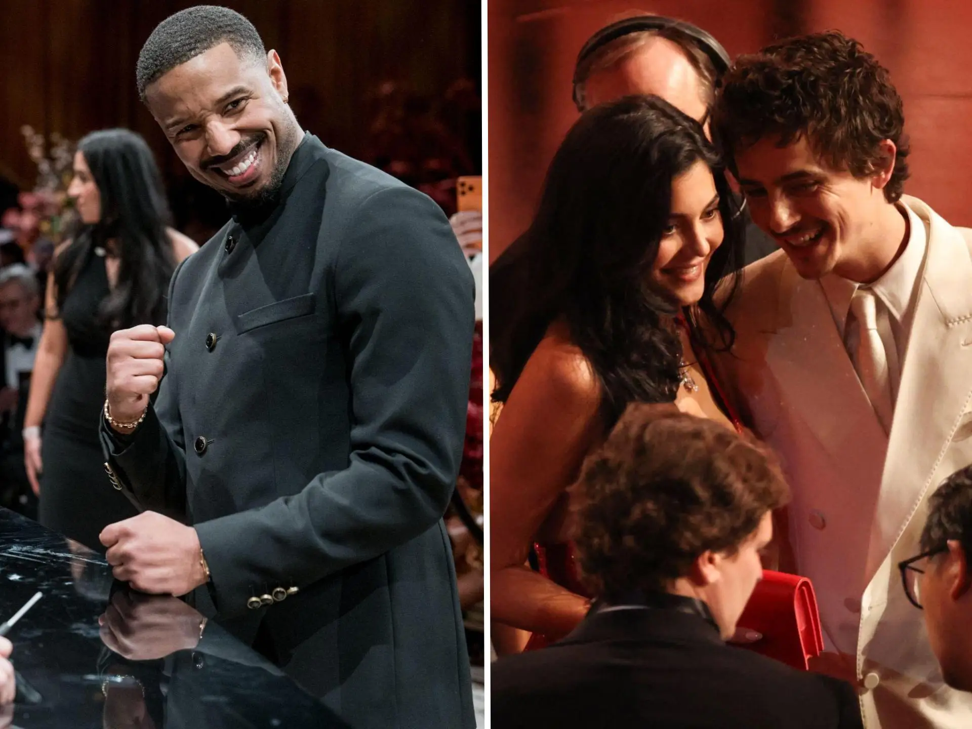 A side-by-side of Michael B. Jordan smilin gand Kylie Jenner and Timothée Chalamet leaning their heads together at the 2026 Oscars.