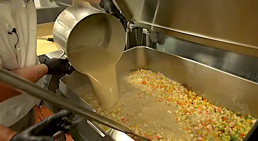 Stock being added to a giant vat of vegetables for chicken pot pie at Governors Ball.