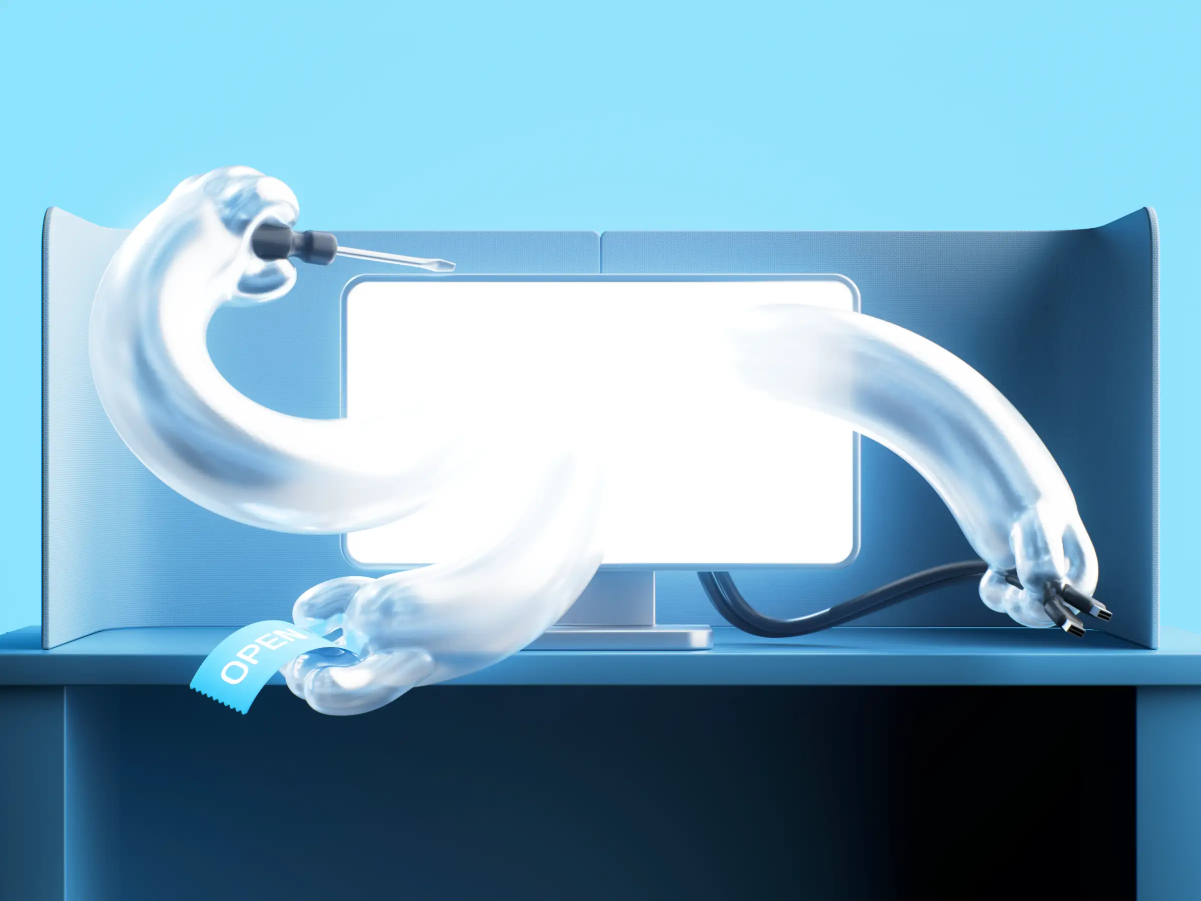 An illustration of tools coming out of a computer