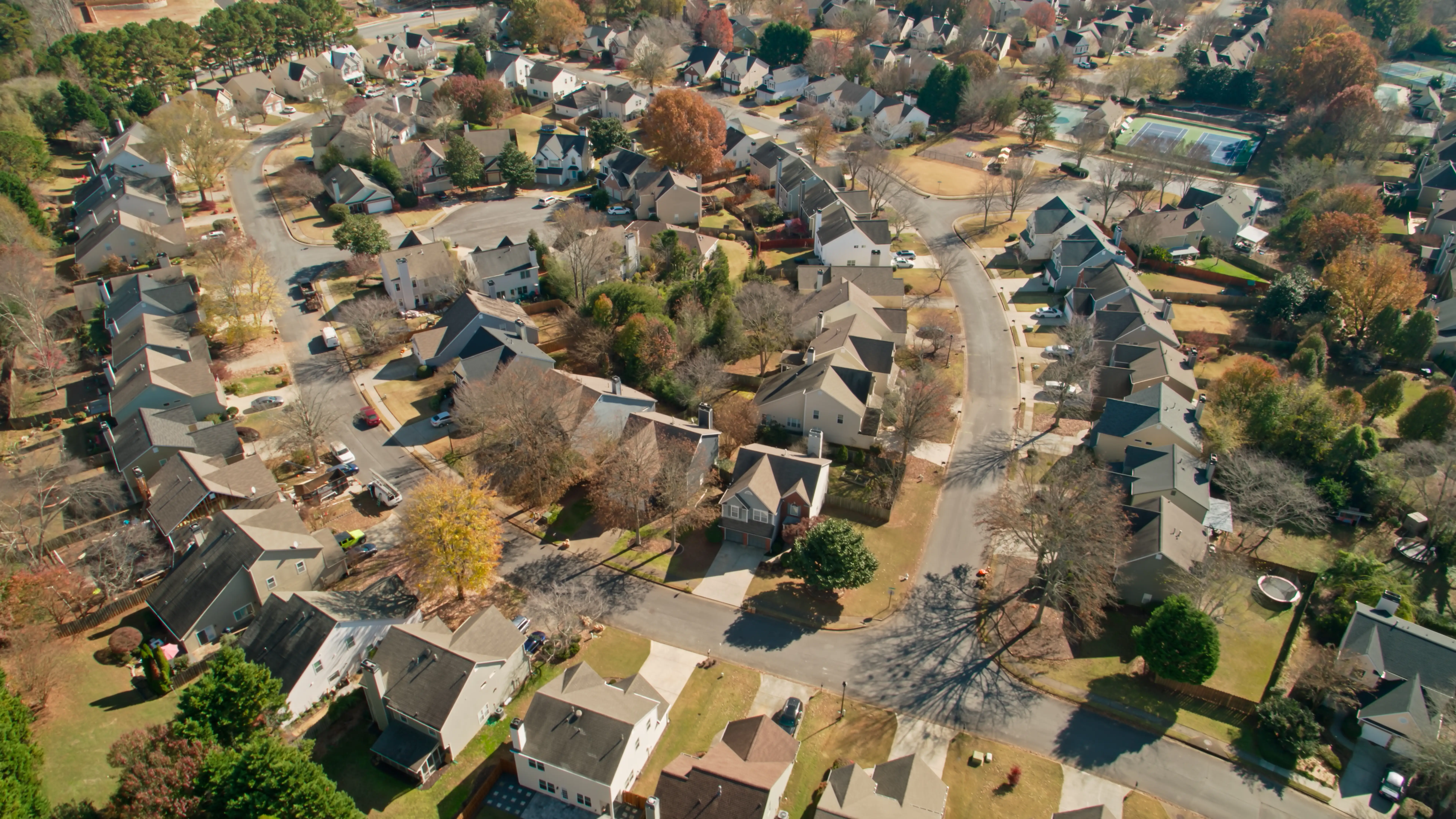 Aerial shot of residential streets in Alpharetta, Georgia.