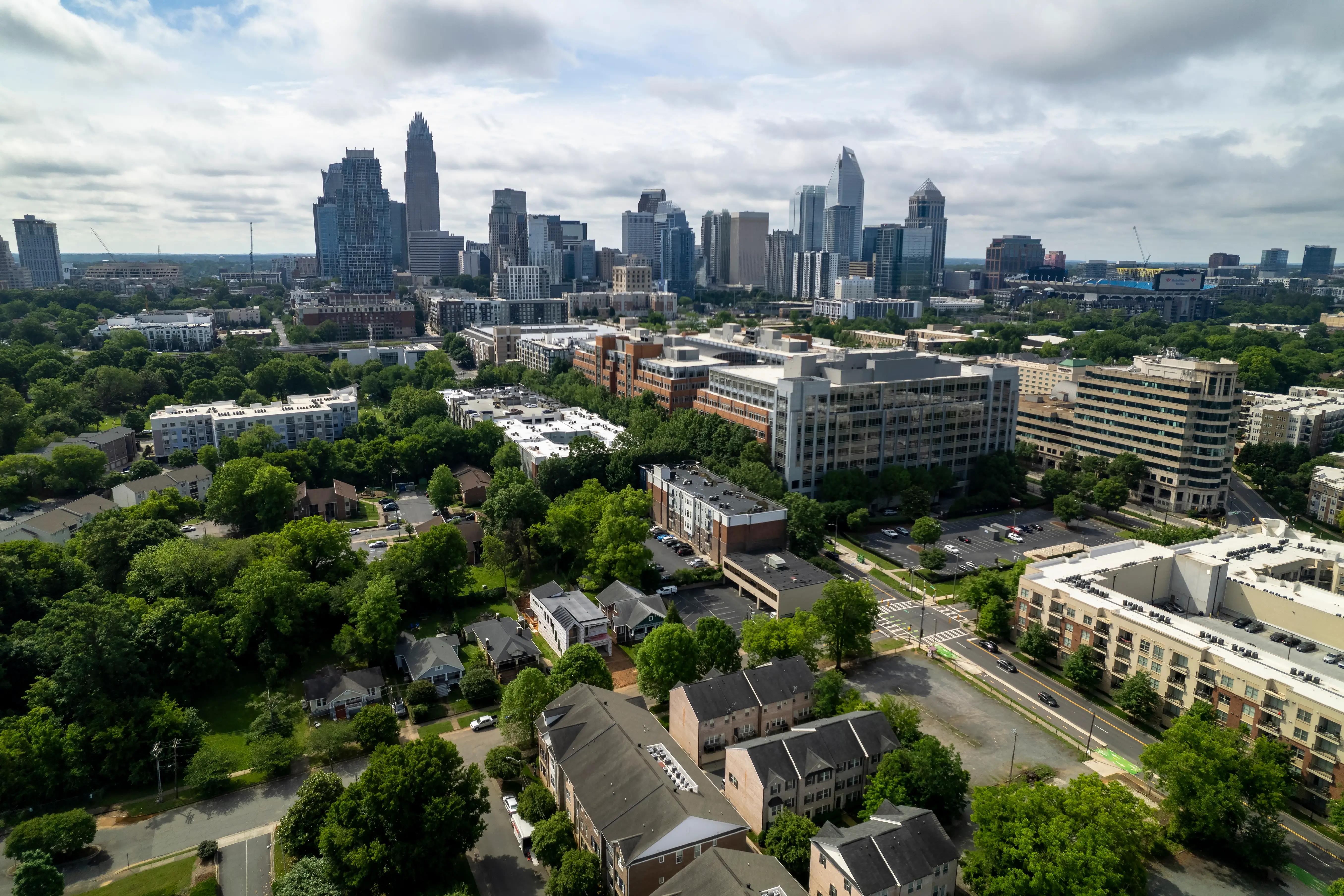 Aerial view of residential area and city skyline, Charlotte, North Carolina.