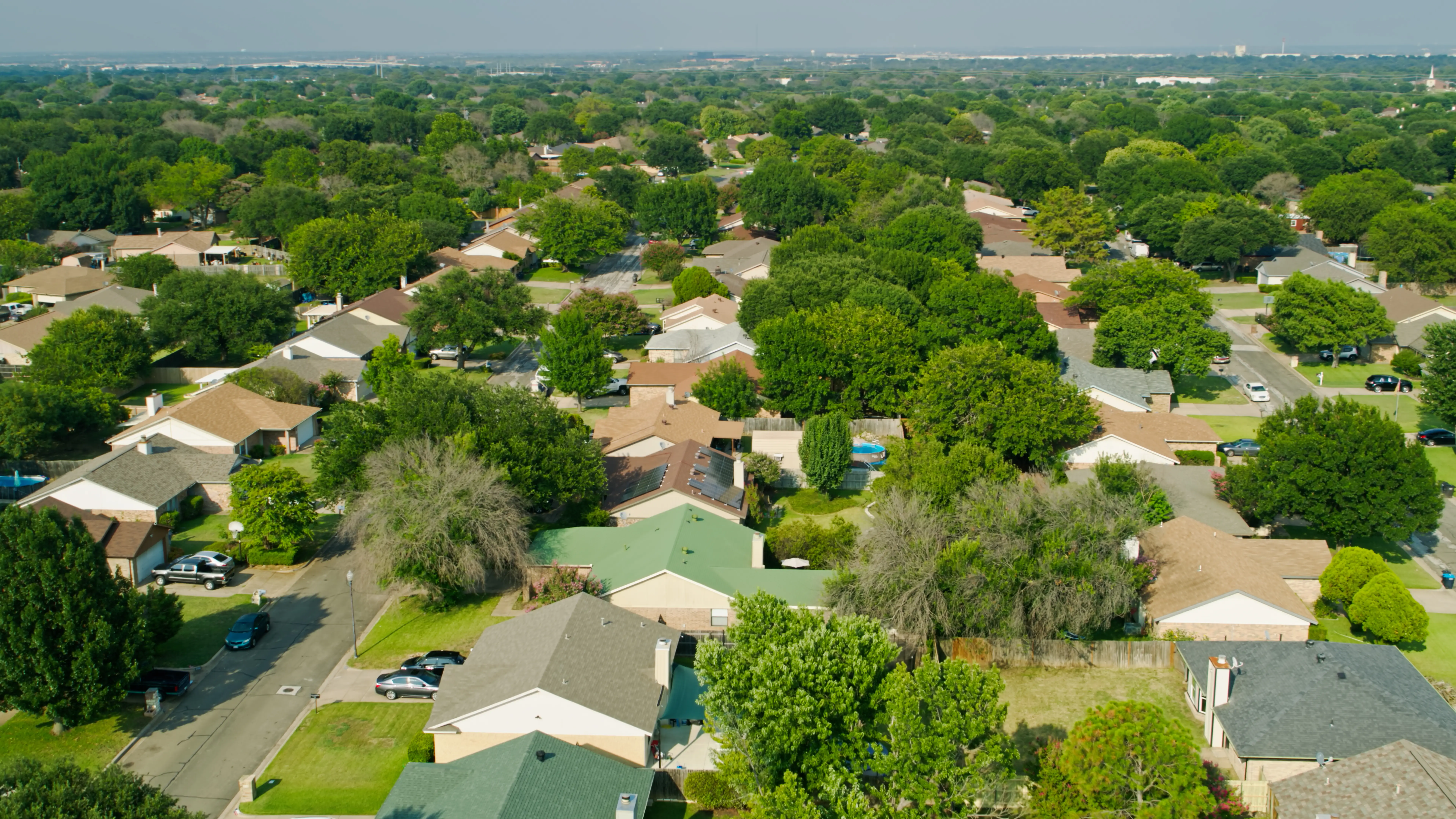 Aerial shot of suburban streets in Fort Worth, Texas.