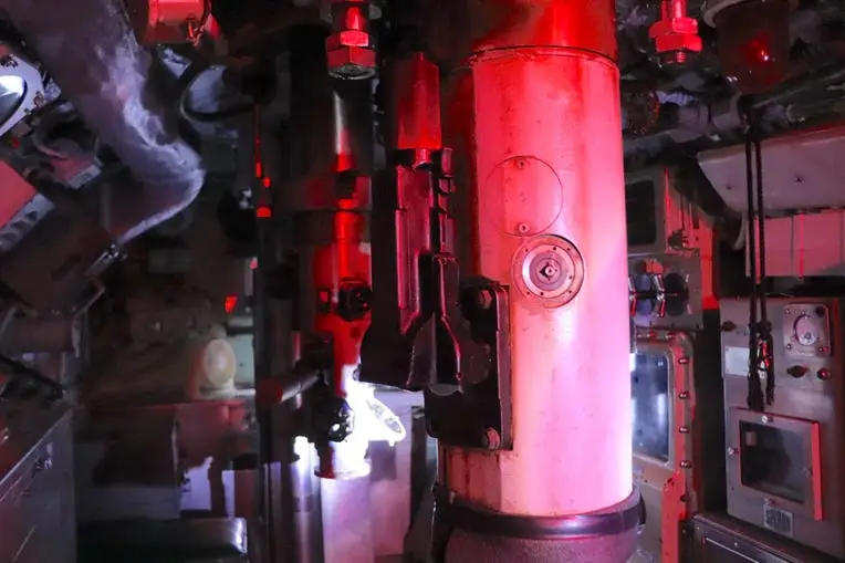 Inside the conning tower of the USS Becuna.