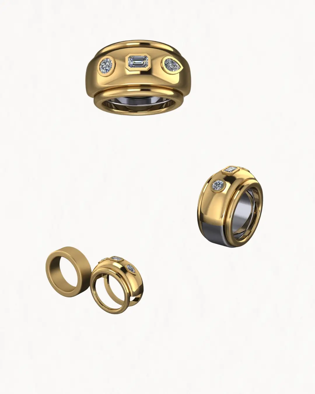 Three renderings of a gold diamond-encrusted Oura Ring Jacket against a white background showing the jewelry from different angles, including with a rendered Oura Ring.