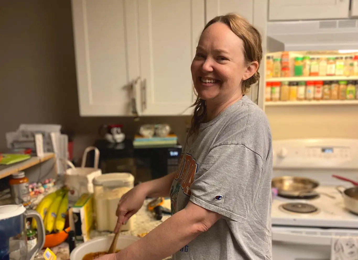 The writer baking in her kitchen.