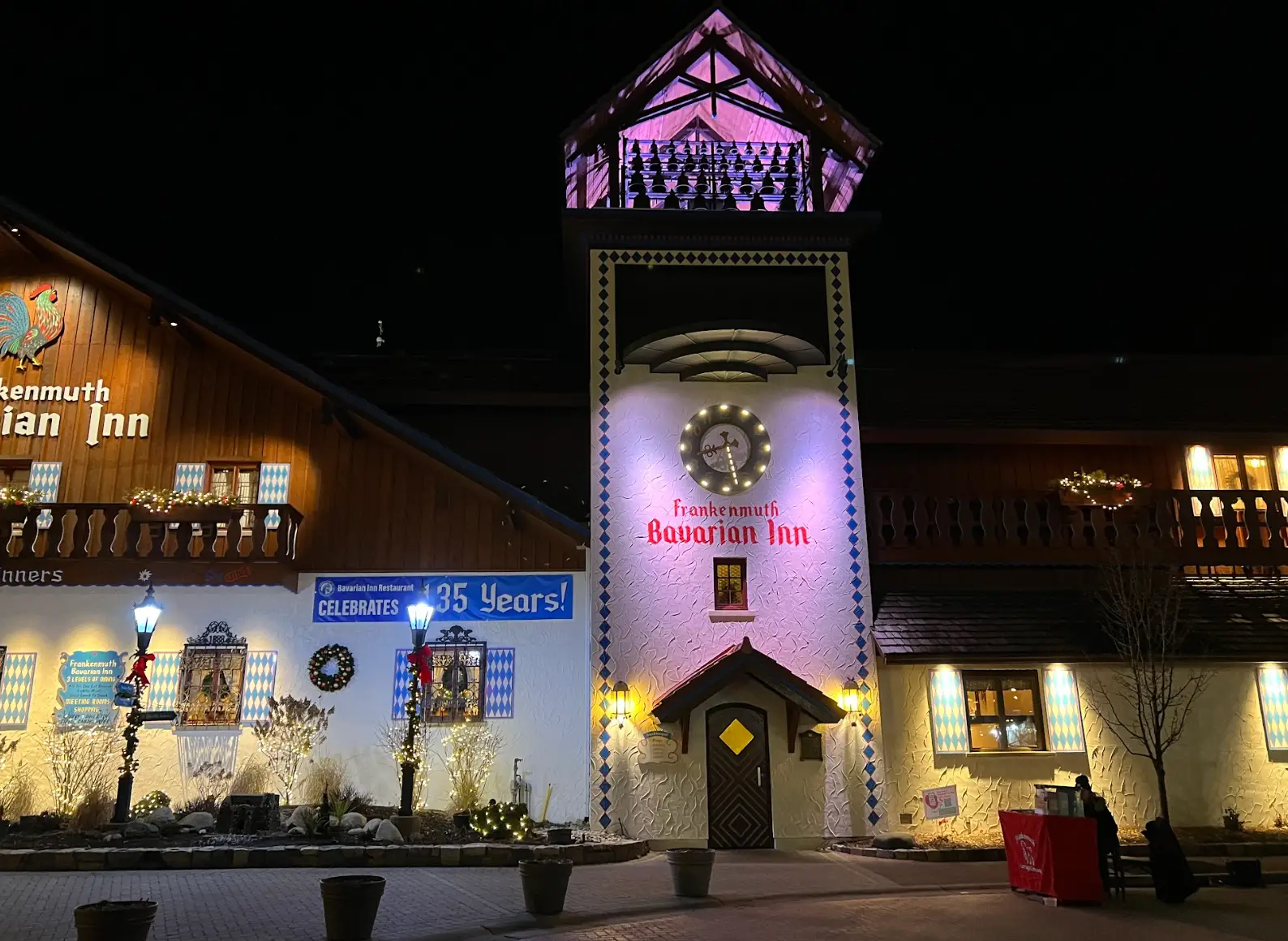 A nighttime shot of the Frankenmuth Bavarian Inn in Michigan.