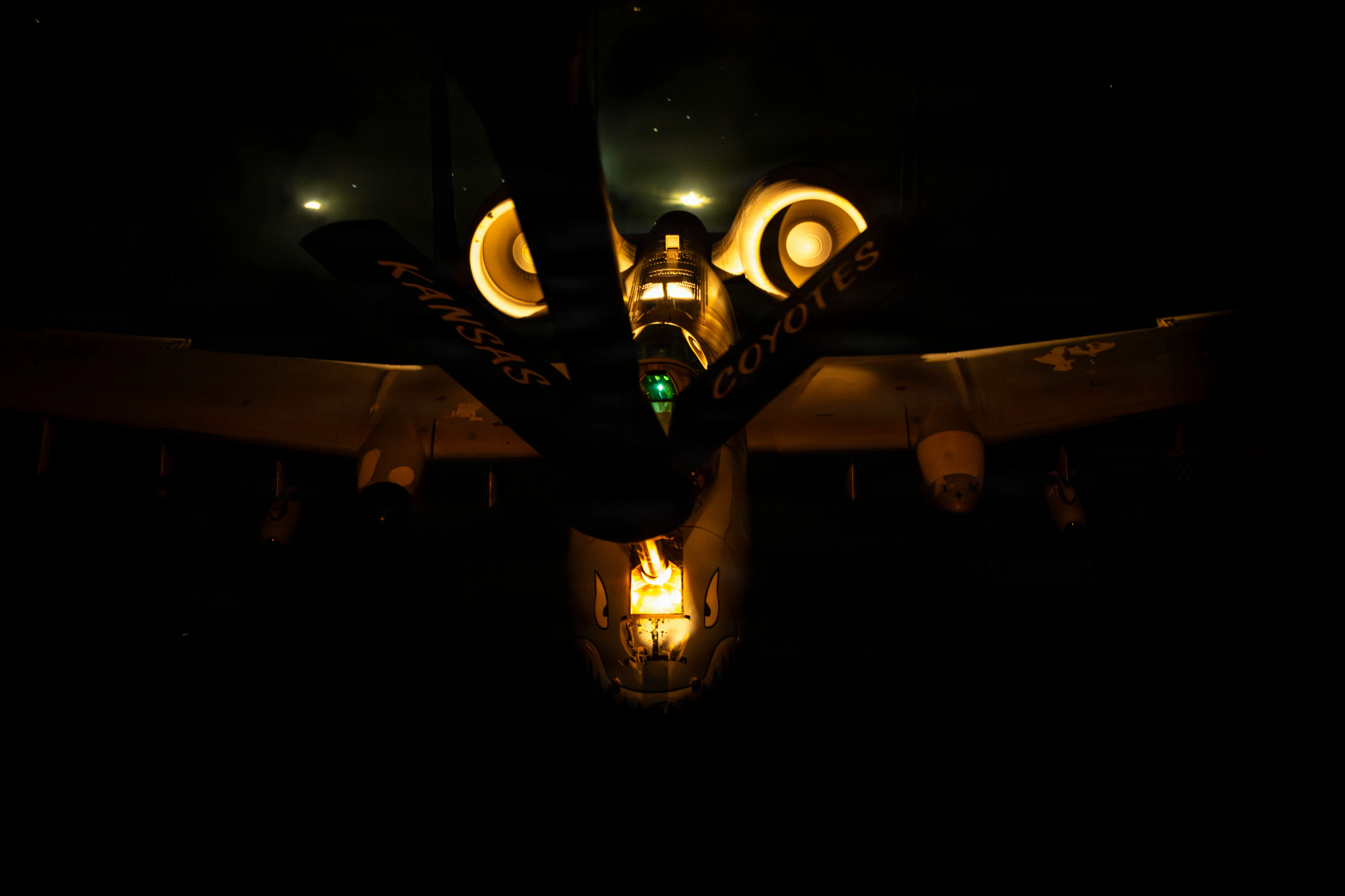 A US Air Force A-10 Warthog flies at night.