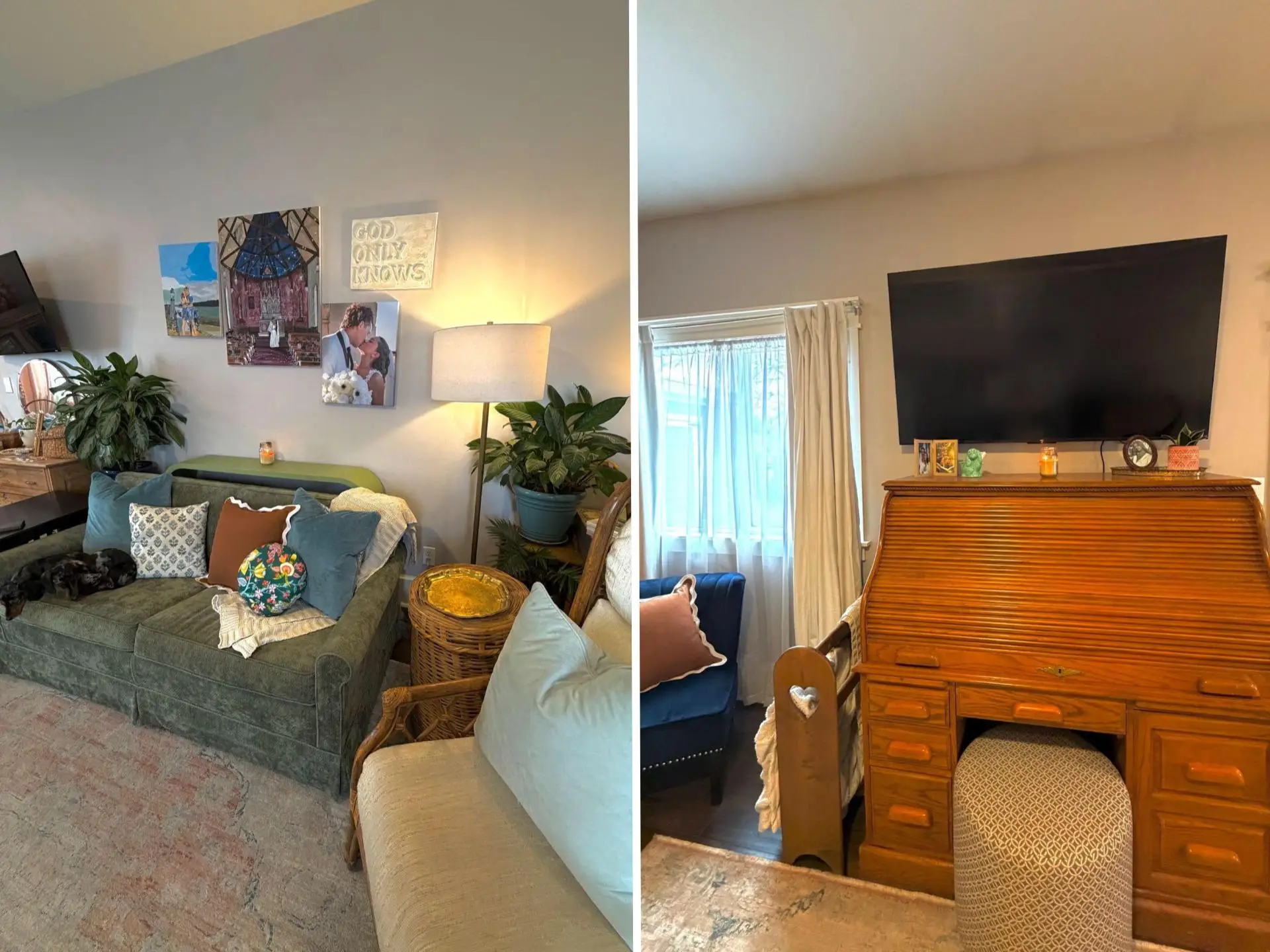 A side-by-side of two different views of a living room. In the photo on the left, there is a green couch and white chair, and on the right, a tv sits on the wall above a desk.