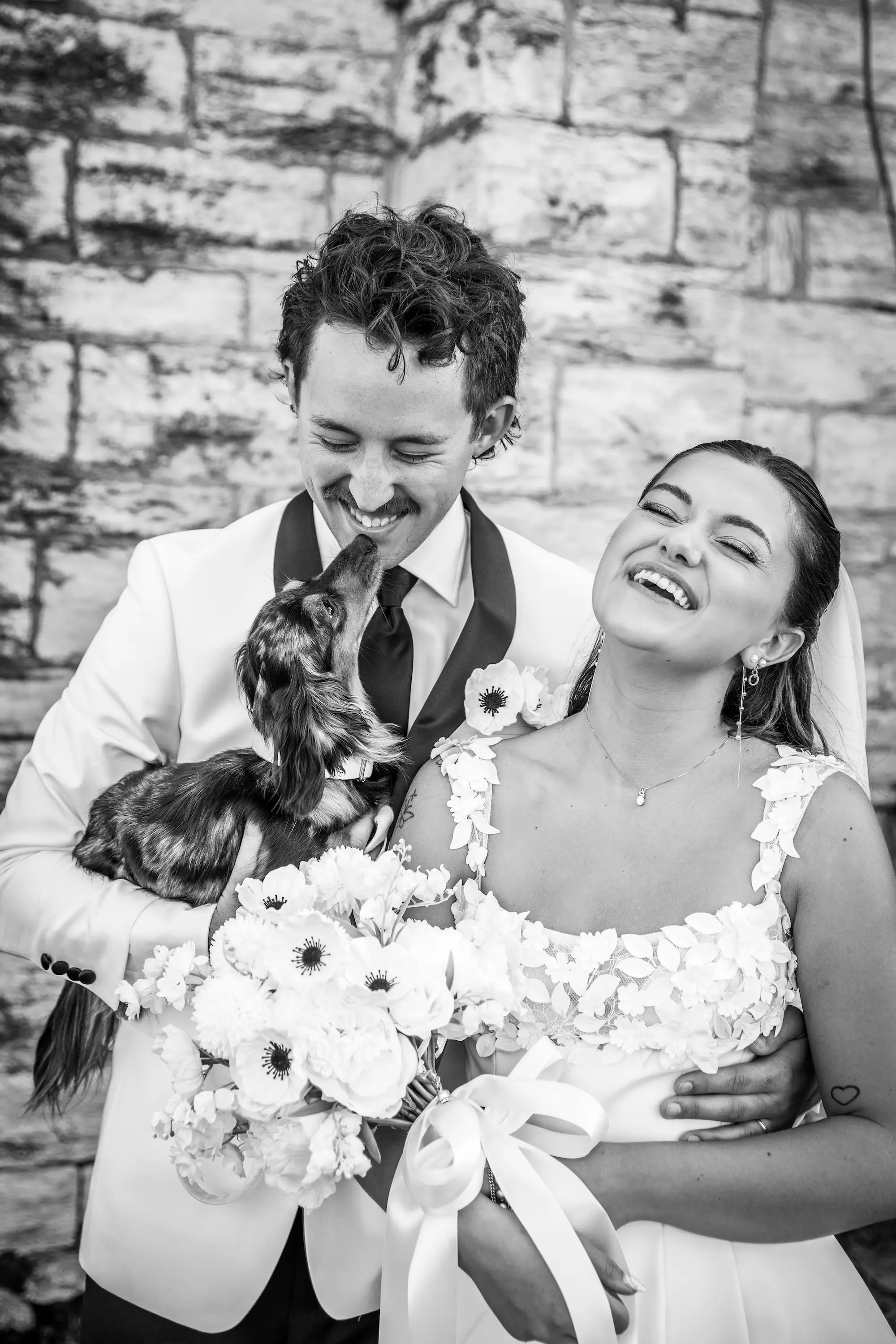 A black and white photo of a couple on their wedding day, laughing as their dog kisses their faces.