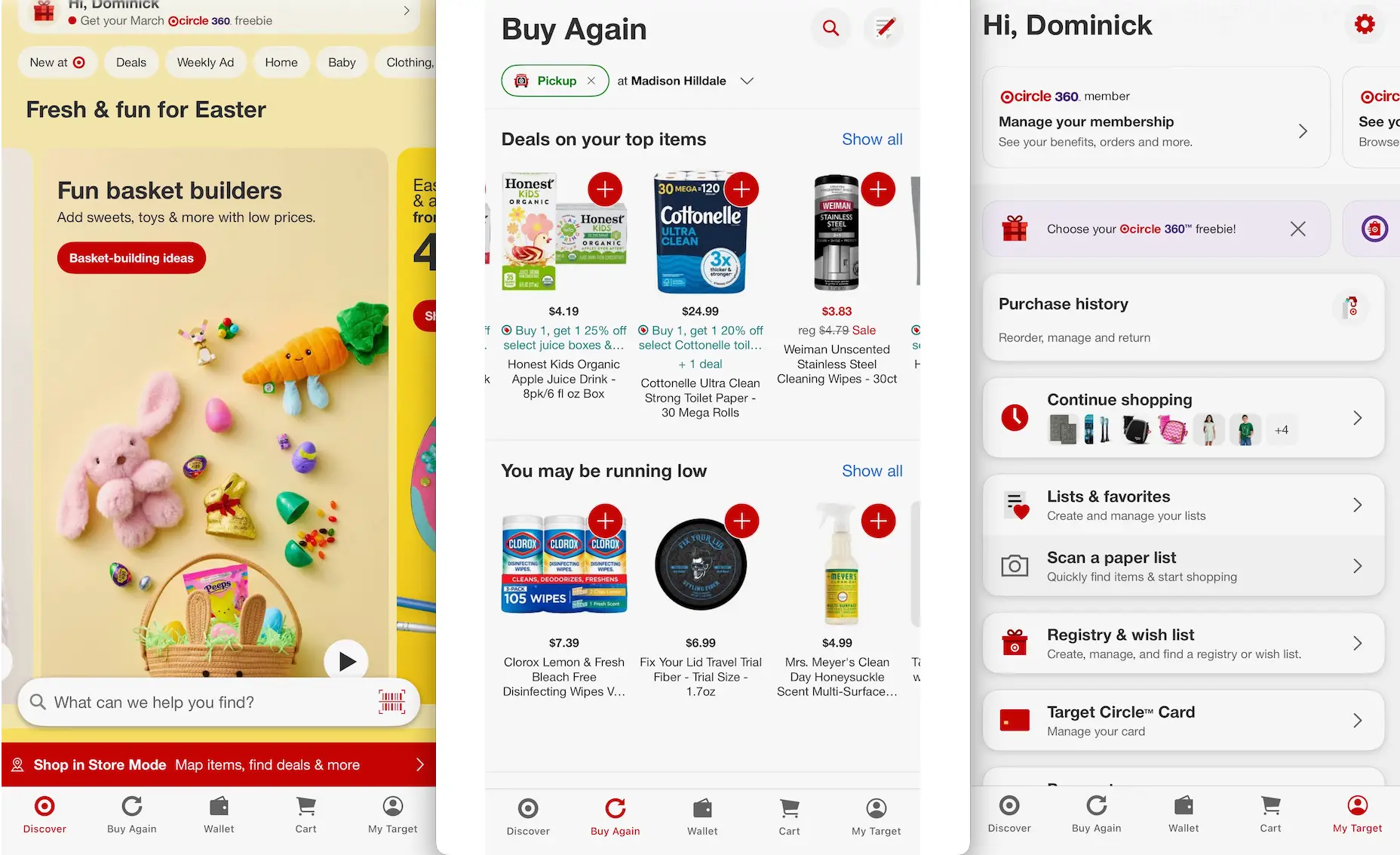 Screenshots of the Target app showing the Buy It Again tab