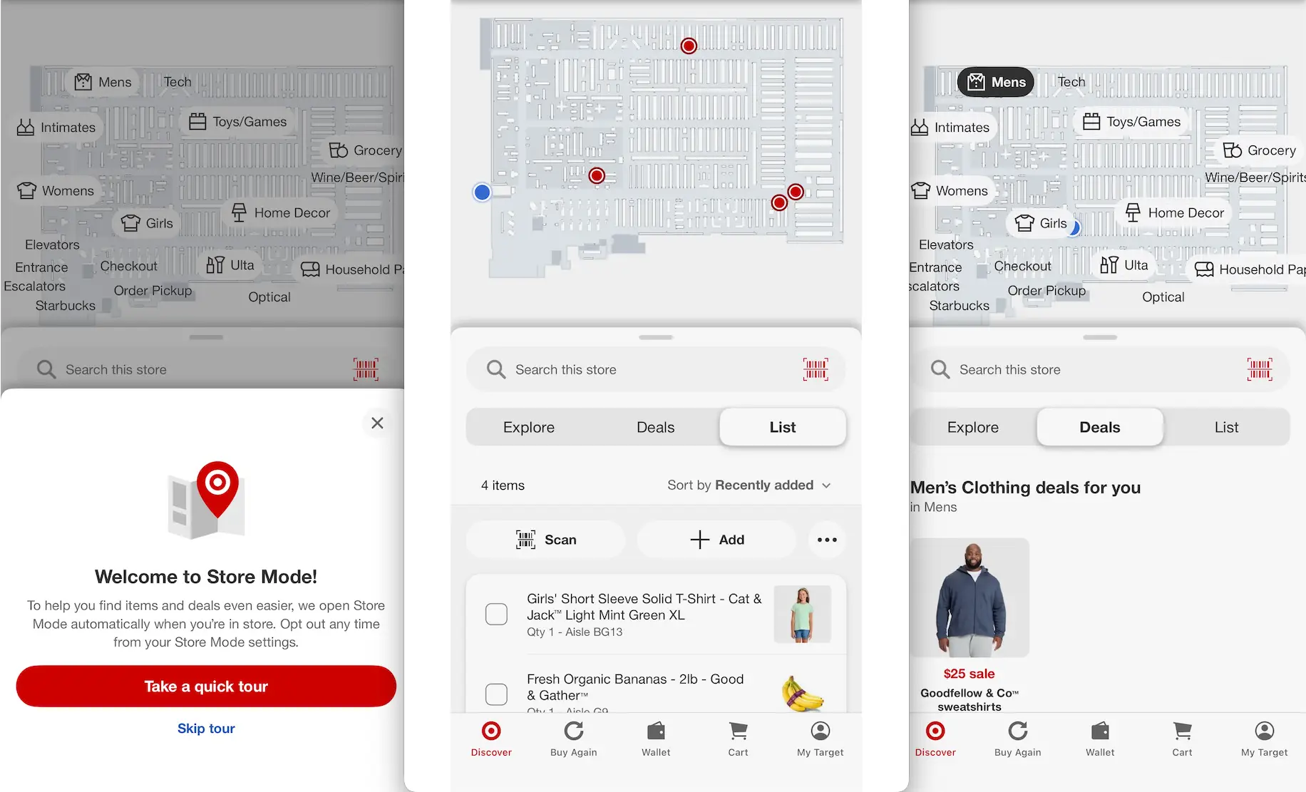Screenshots of the Target app showing Store Mode