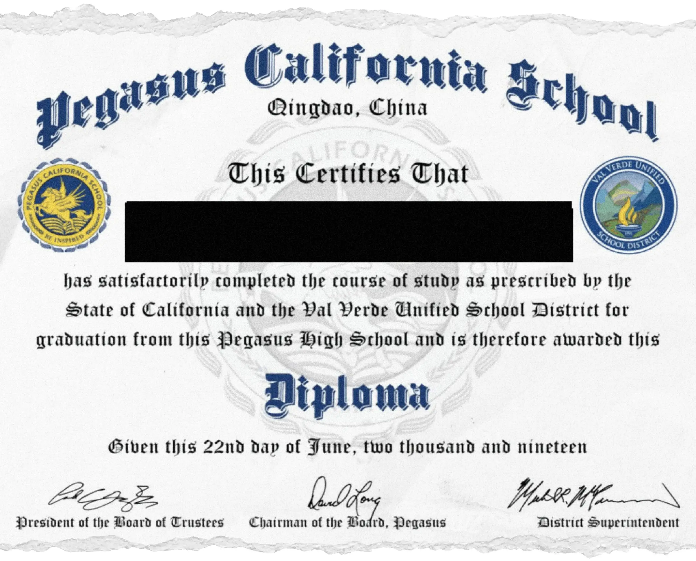 A diploma for Pegasus California School graduates