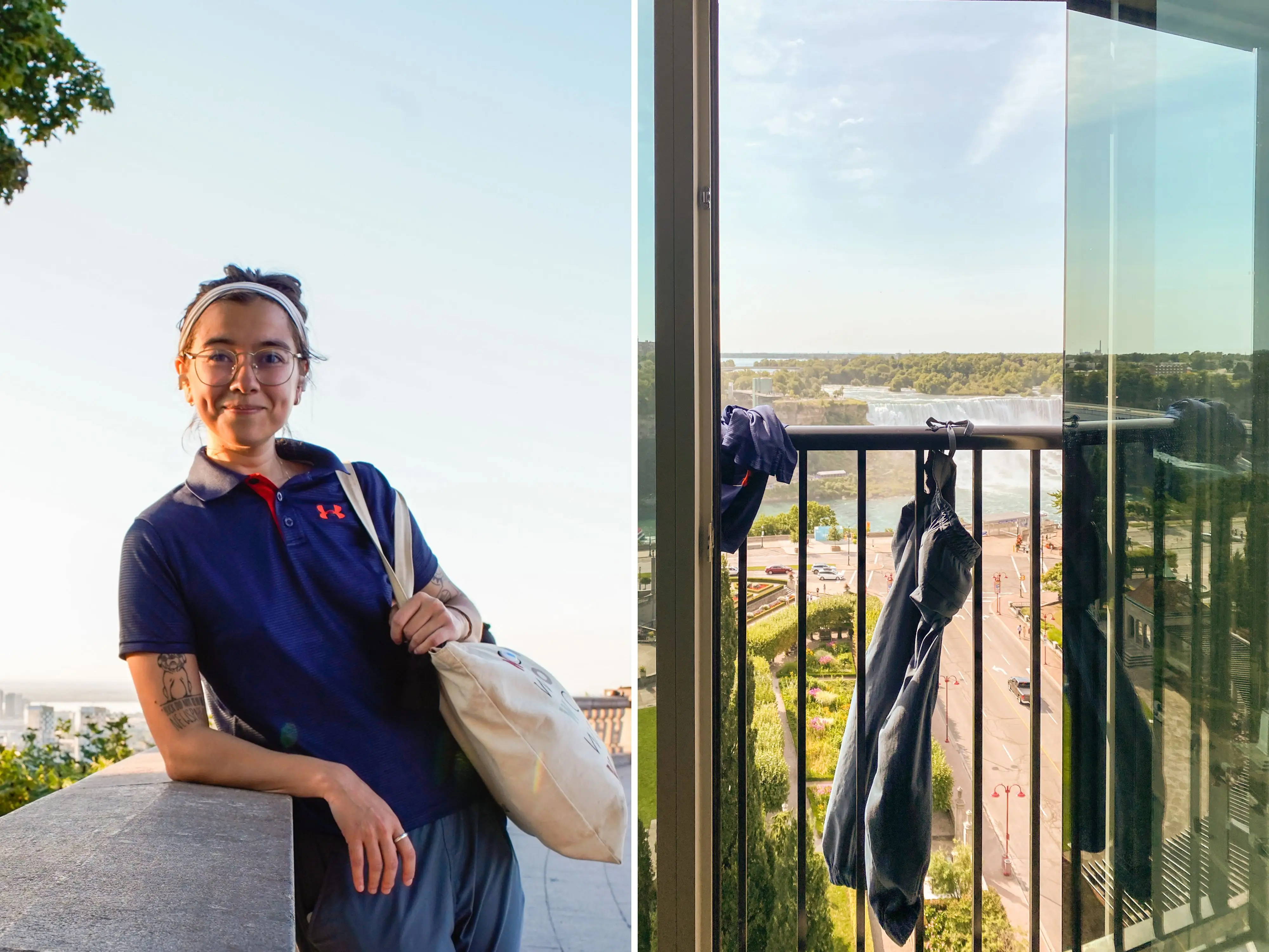 A composite image of the author standing outside in quick-dry clothing and her clothes hanging from a hotel balcony with Niagara Falls in the background