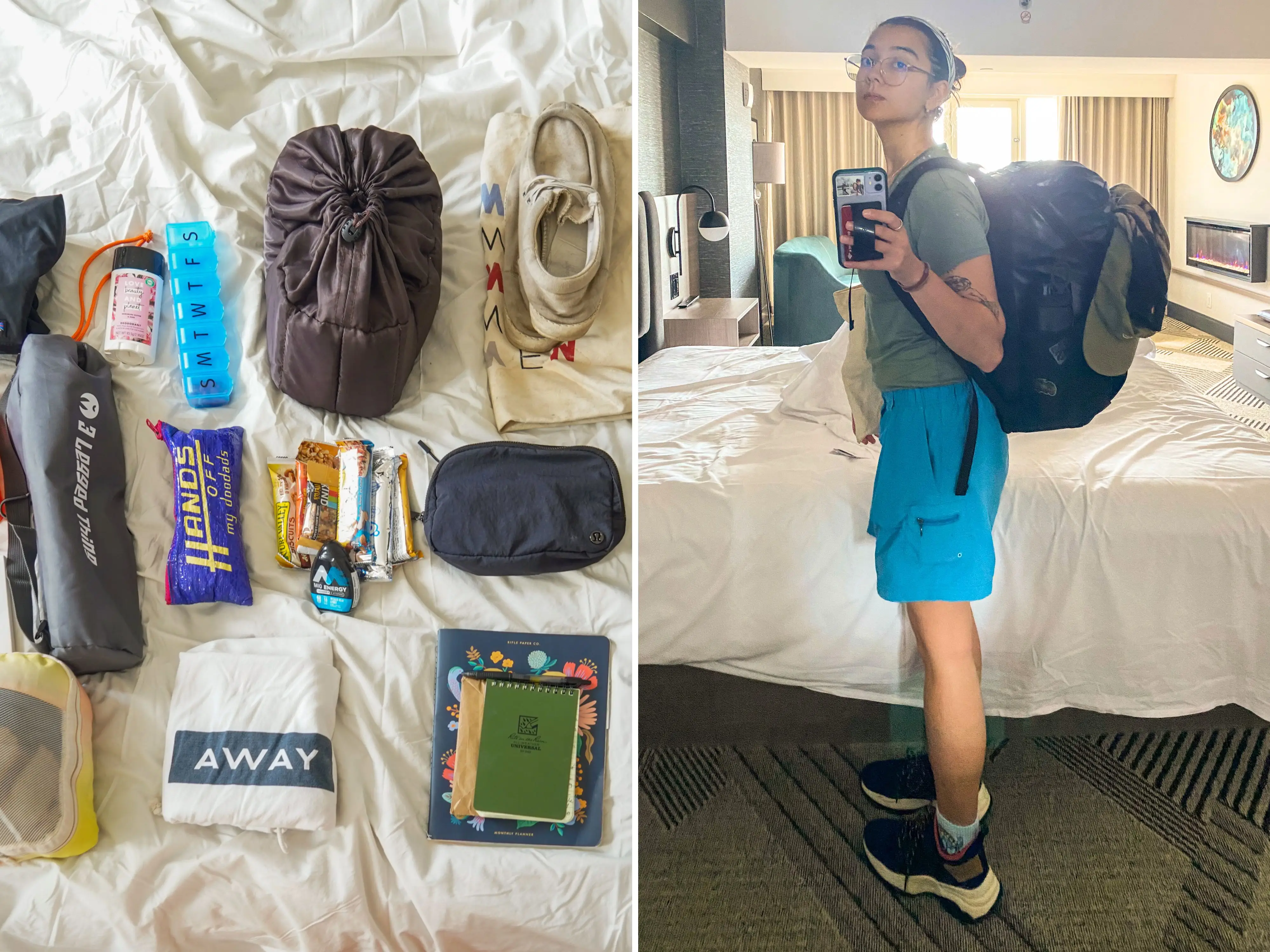 A composite image of an aerial view of the authors packing items on a white sheet and the author wearing her backpack while taking a selfie in the mirror.