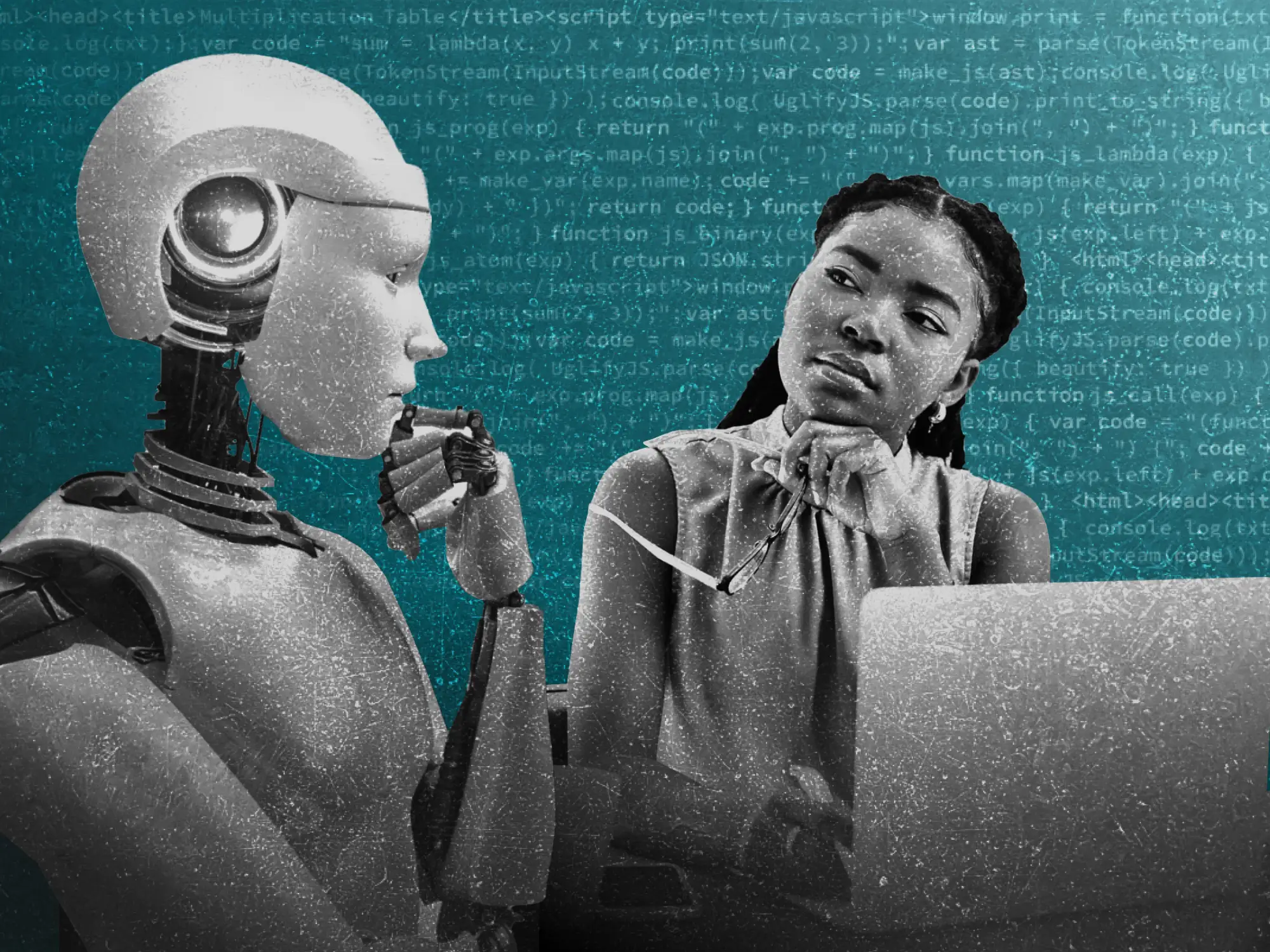 Woman and robot hitting the thinking pose