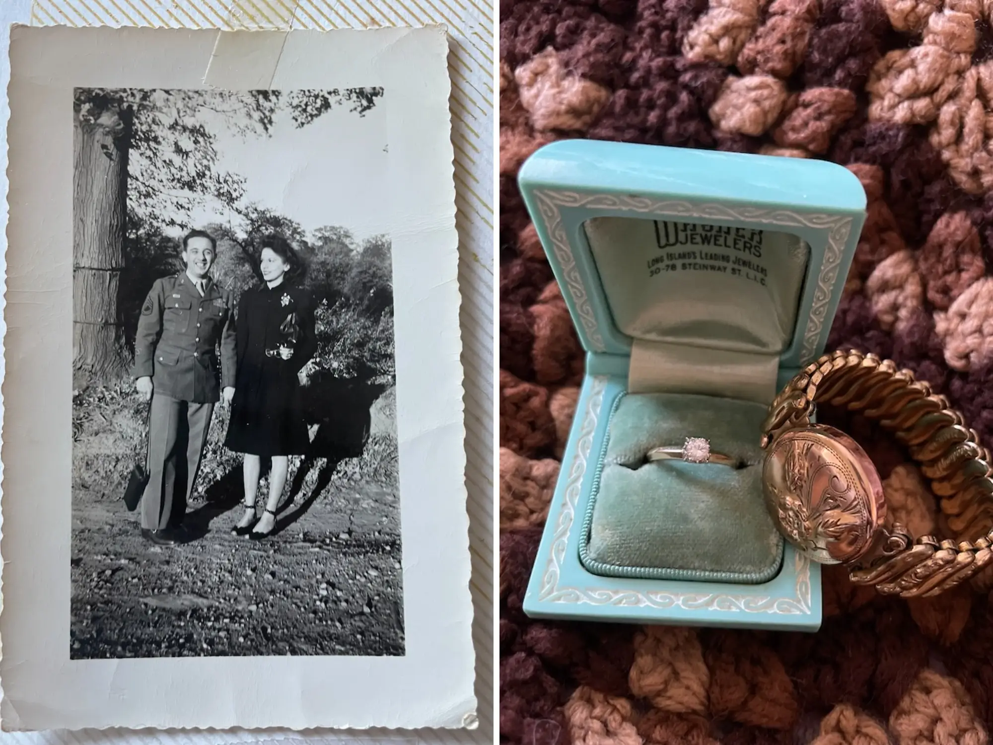 Left: a young couple after the man in the photo returns from serving in the Air Force. Right: An engagement ring and a bracelet.