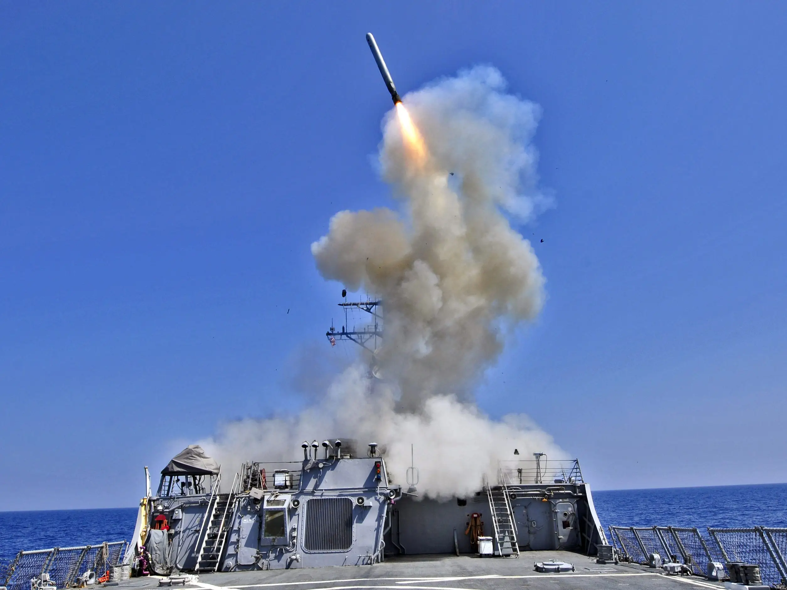 A missile being fired from the USS Barry during operation Odyssey Dawn.