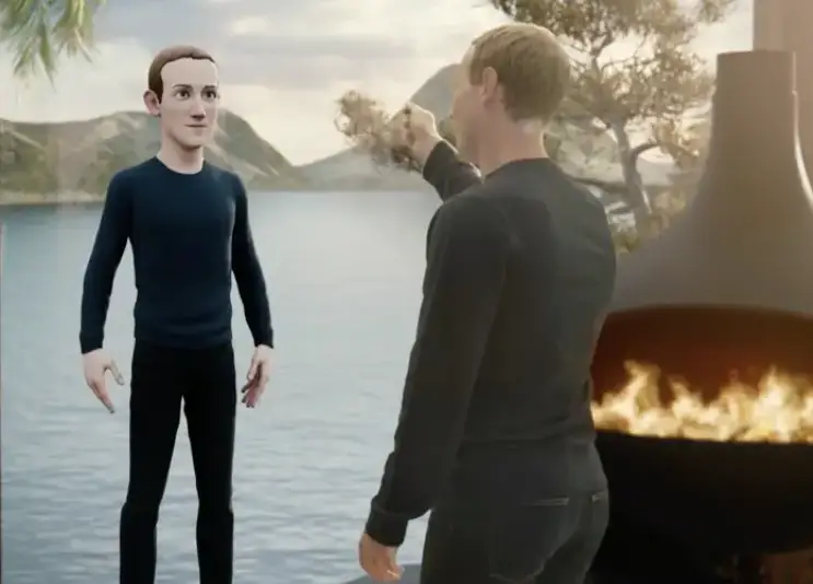 mark zuckerberg pointing an an avatar of himself in the metaverse
