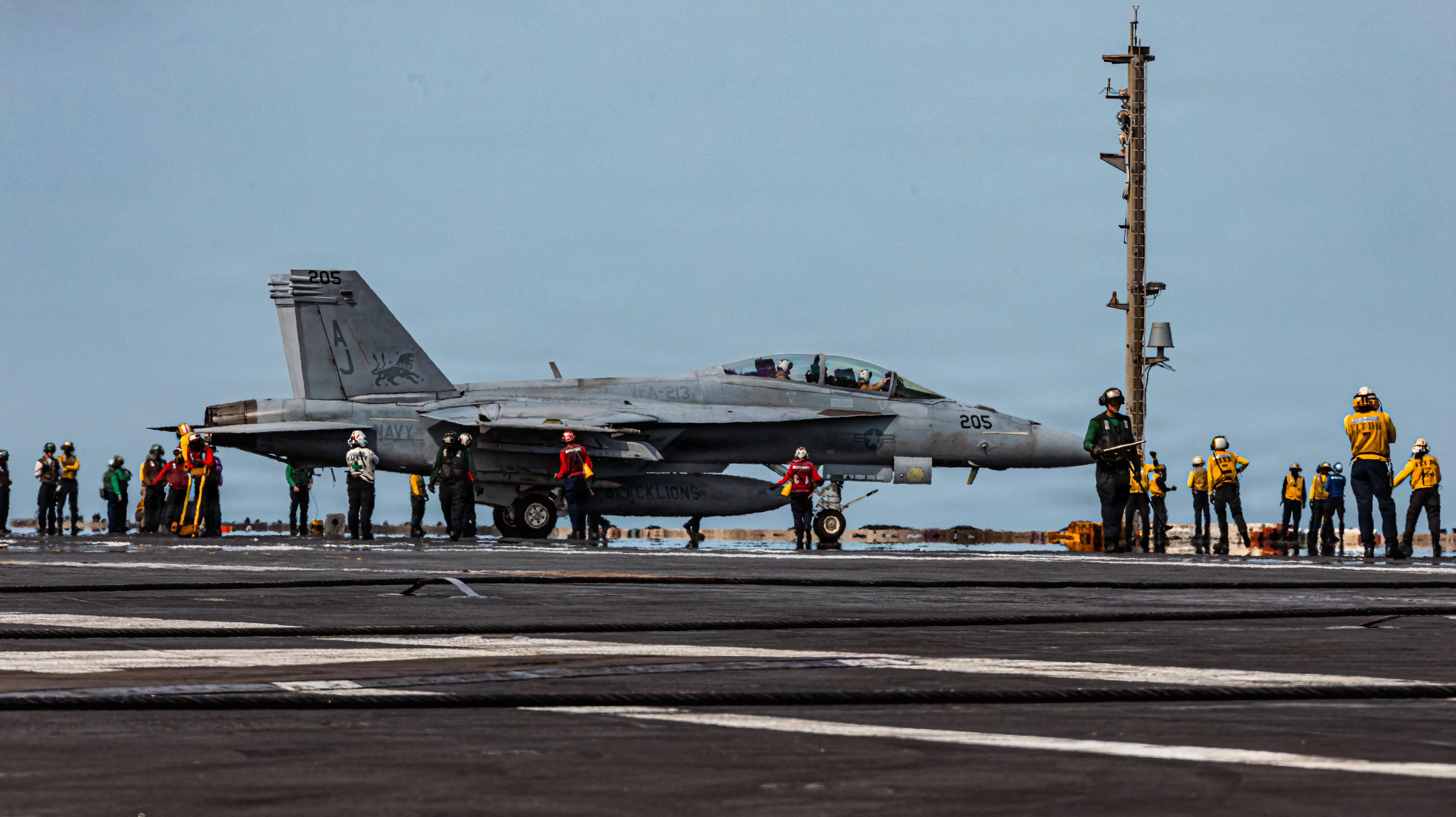 An F/A-18F Super Hornet aircraft, attached to Strike Fighter Squadron 213, taxis on the flight deck of USS Gerald R. Ford (CVN 78), while underway, March 17, 2026.