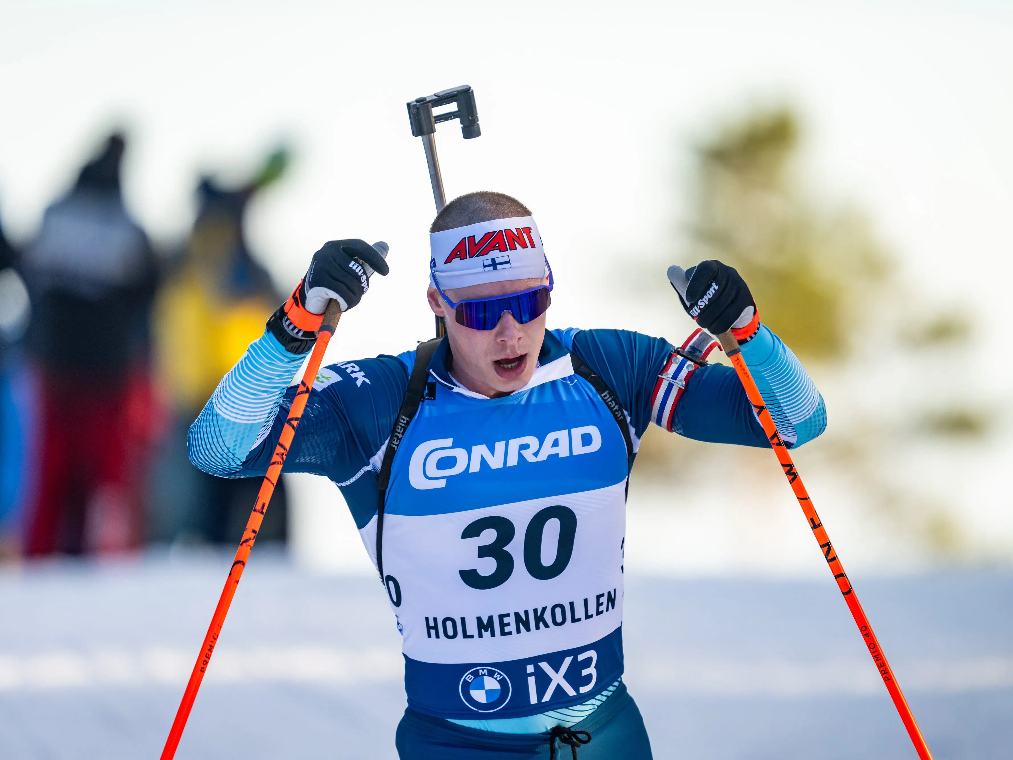 Tuomas Harjula, a Finnish biathlete and Olympian in action at a biathalon.