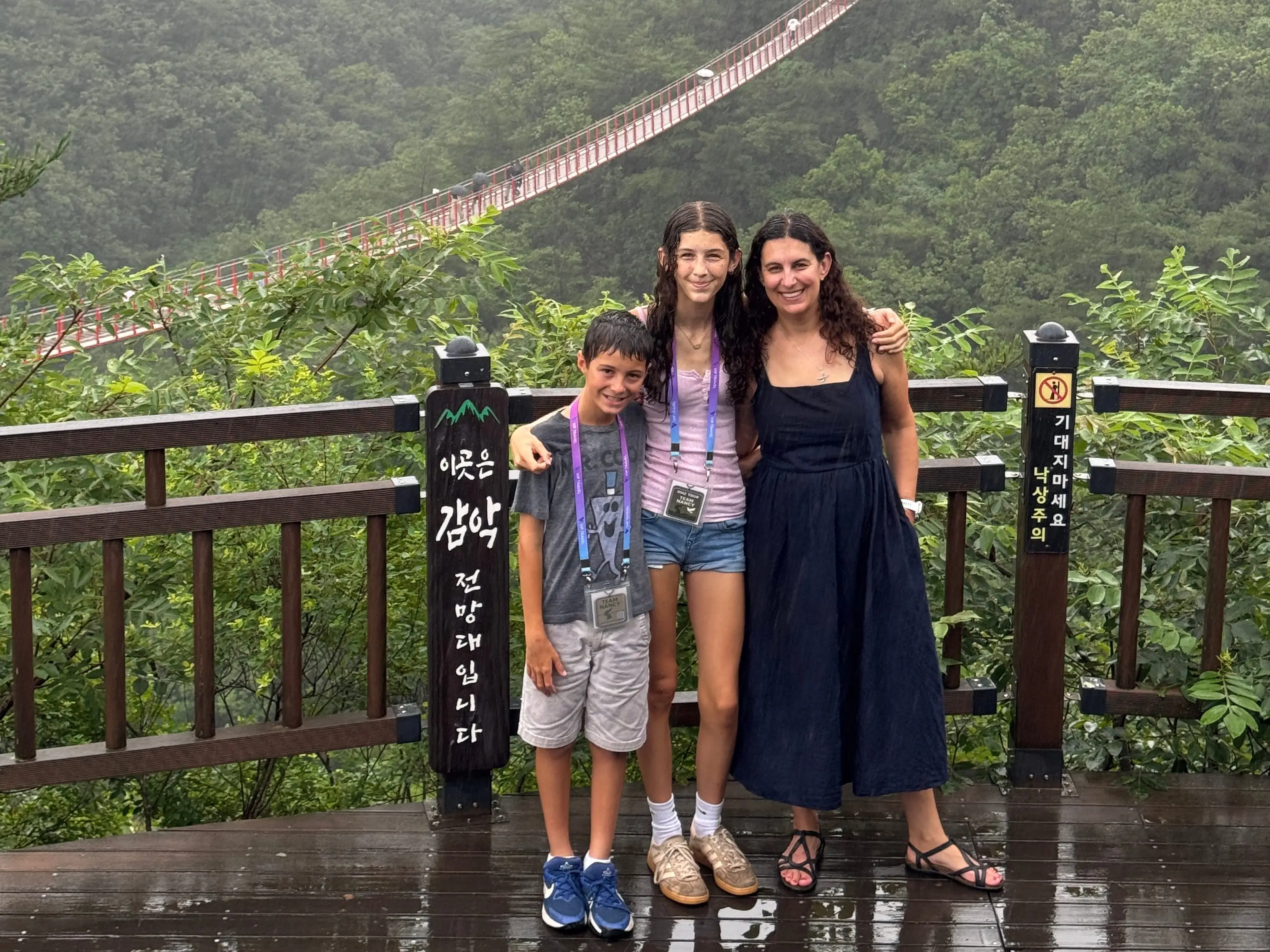 Mom and two kids smiling in front of aerial view of trees in Seoul