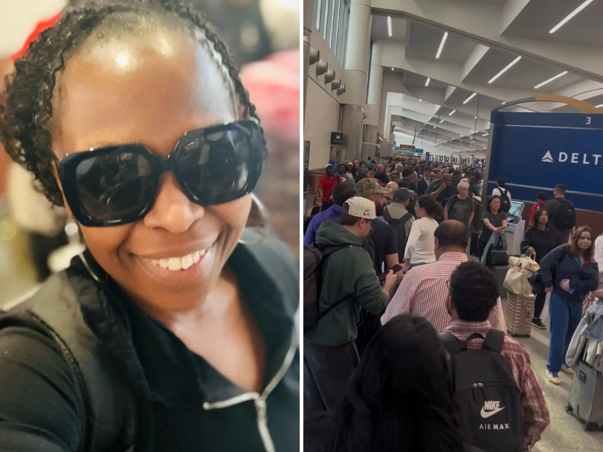 Joanne Simon-Walters at the airport with the long TSA lined