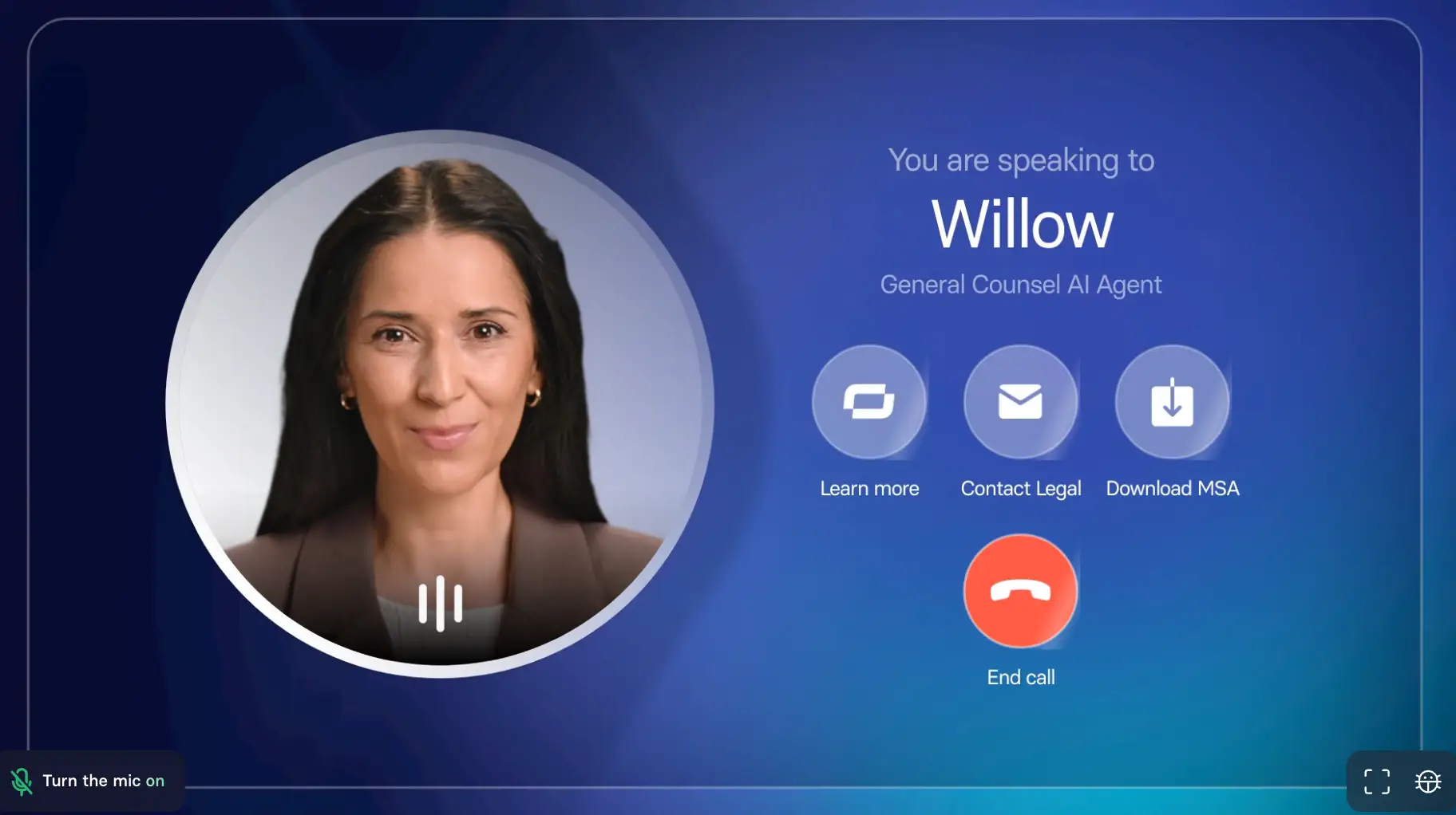 A call interface for Willow, a general counsel AI agent, shows a woman's headshot with buttons to learn more, contact legal, download an MSA, and end the call.