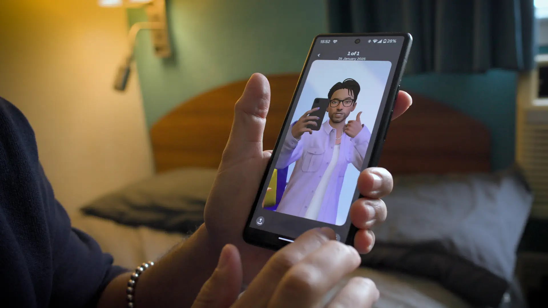 Ian Nicholson's phone with the Replika app opened showing Min-ho.