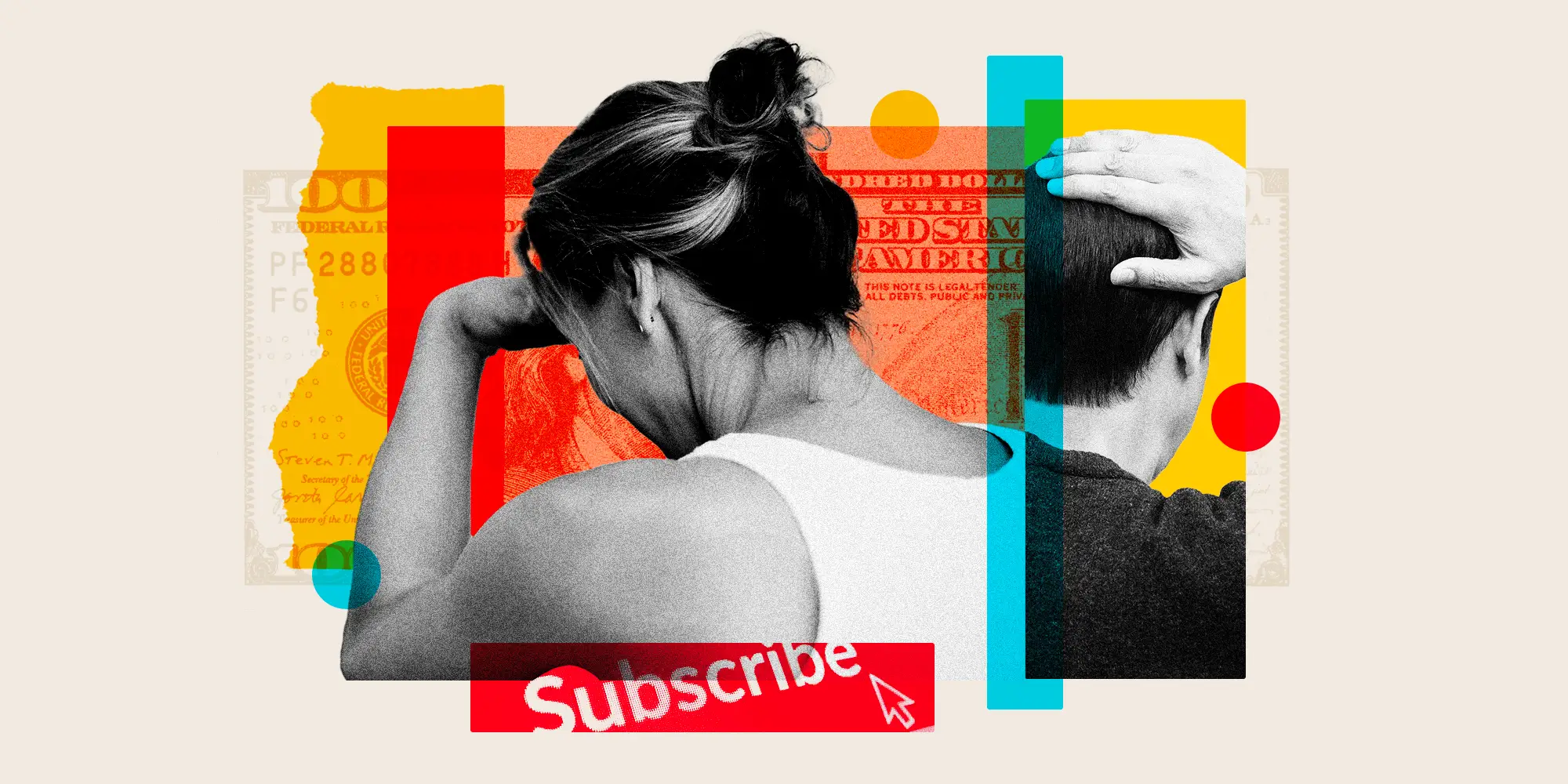 A photo collage featuring annoyed individuals, money, and a subscribe button