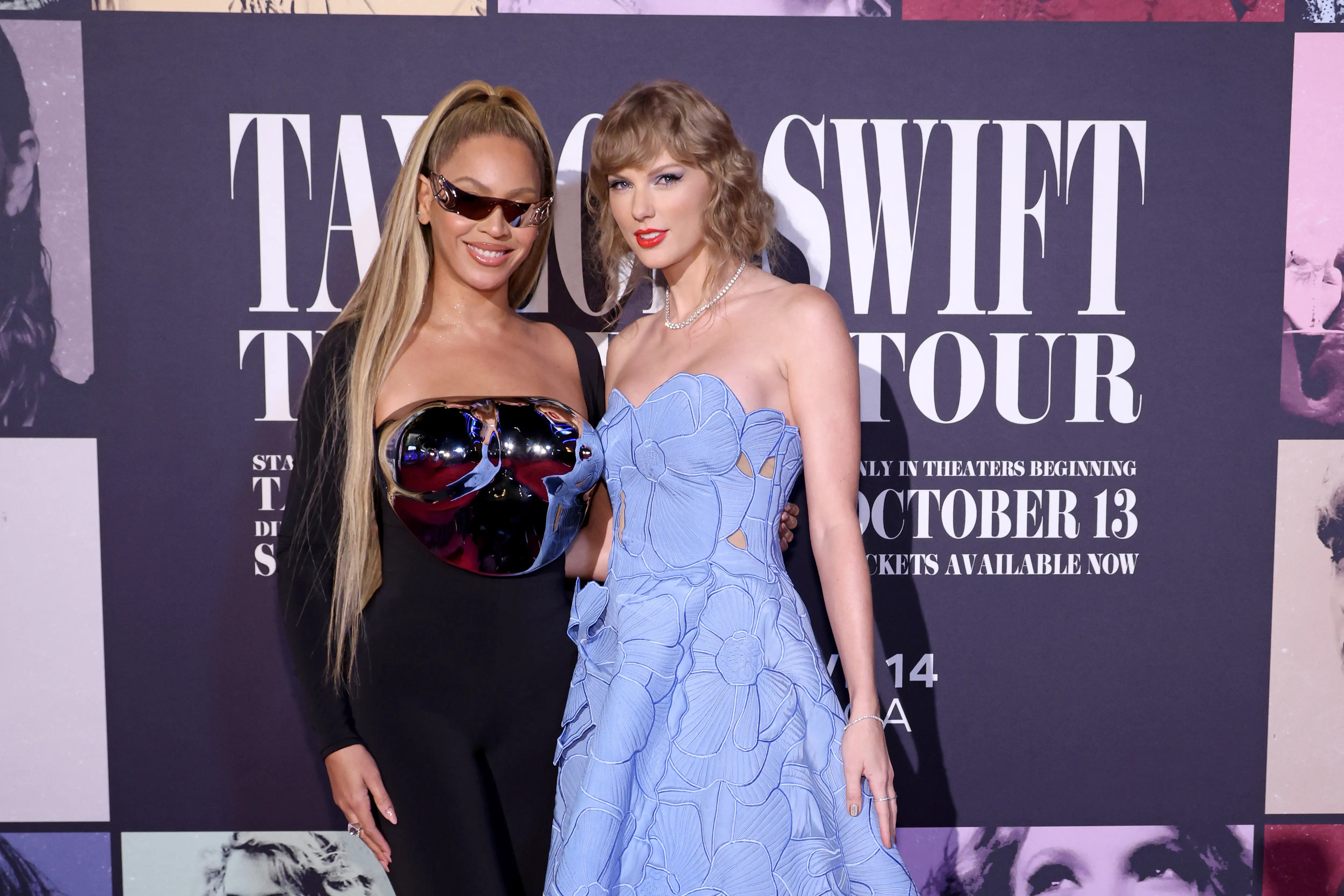 Beyoncé and Taylor Swift pose together at the world premiere of the Eras Tour concert movie.