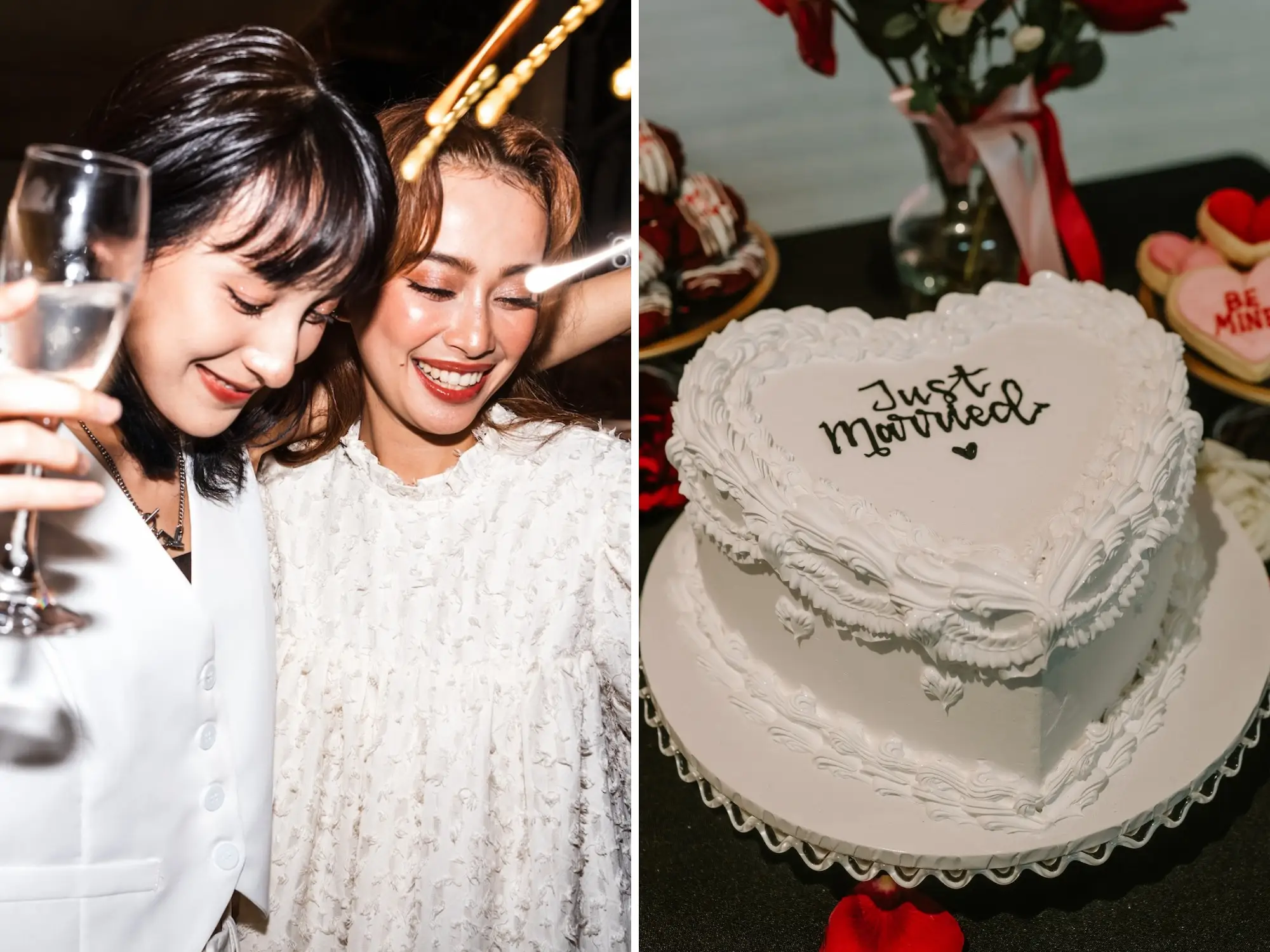A side-by-side of two brides embracing under sparklers and a white heart-shaped cake that says 
