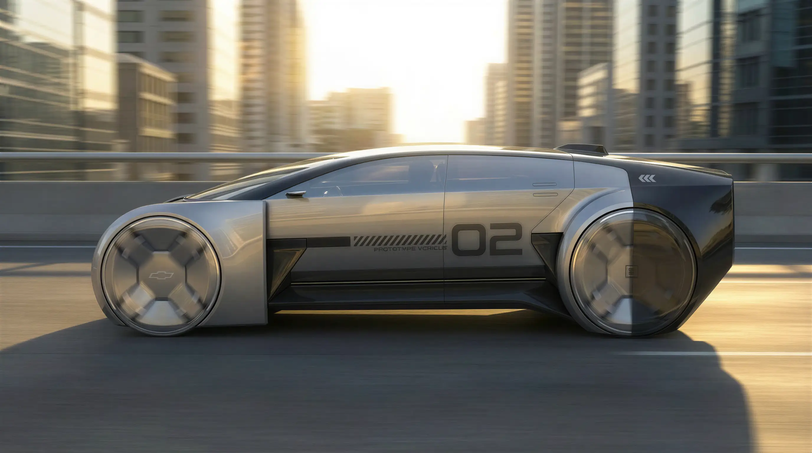 A futuristic four-door Chevy vehicle drives down a highway. It's from an AI-generated video of the P2 Concept.